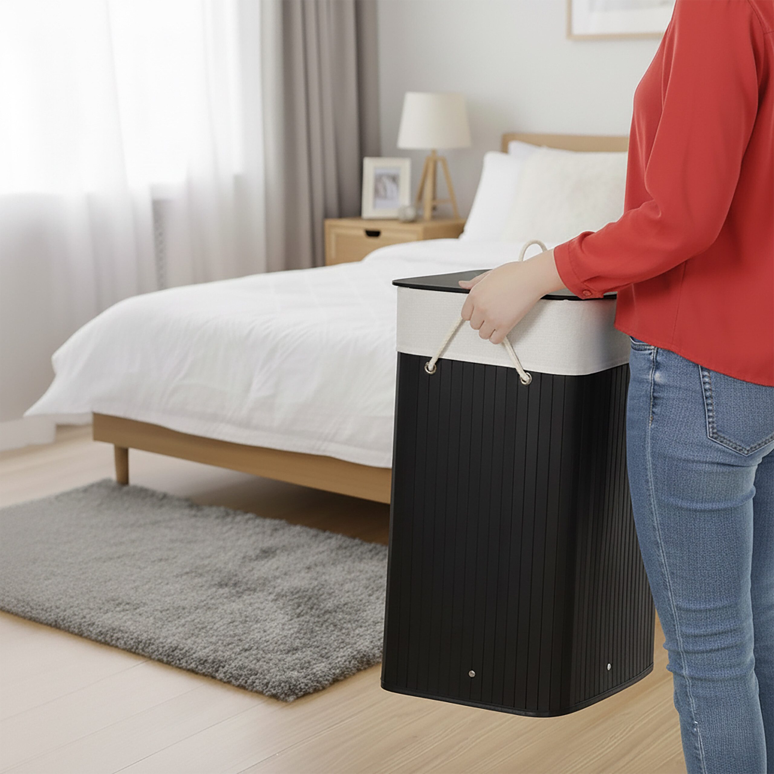 relaxdays Wäschekorb Bambus Wäschekorb mit Deckel, schwarz günstig online kaufen