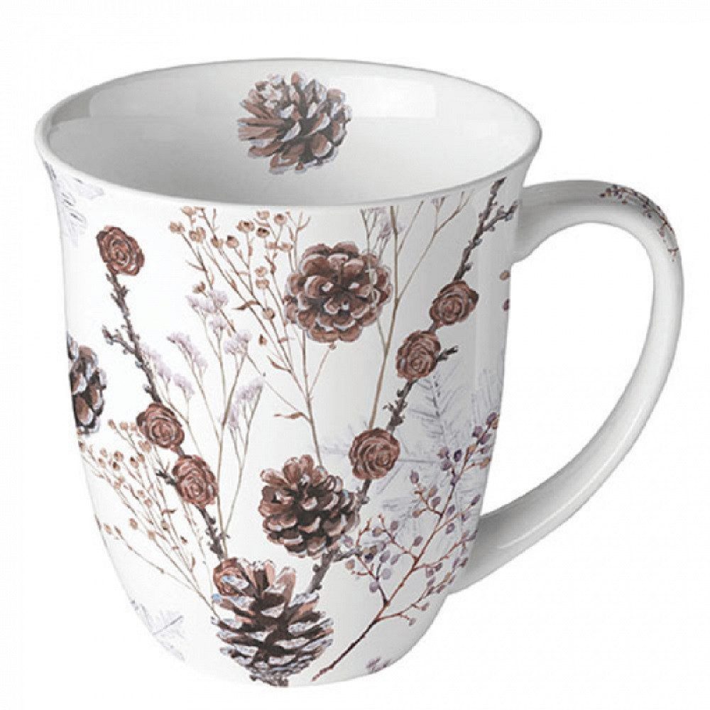 Ambiente Luxury Paper Products Кружки Porzellan Tasse ca. 400ml Herbst-Winter- Frühling -Sommer Mug, Porzellan Kollektion, Kaffeetasse Teetasse Wintertasse, Weihnachtstasse, pine tree cones, Zapfen, Zweige, Tee/Kaffee - ideal als Geschenk geeignet