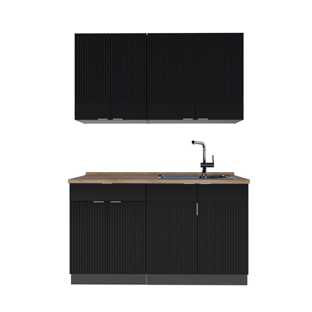 Vicco Küchenzeile Fame-Line, Schwarz gestreift/Anthrazit/Anthrazit, 140 cm, AP Eiche