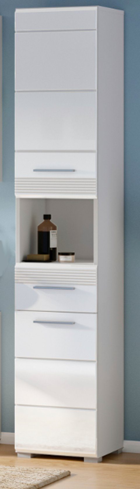 xonox.home Hochschrank Linus (Badschrank in weiß mit Schublade, 30 x 182  cm) Hochglanz, 2-türig, Badschrank 2-türig mit 5 geschlossenen Fächern und  Deko-Fach