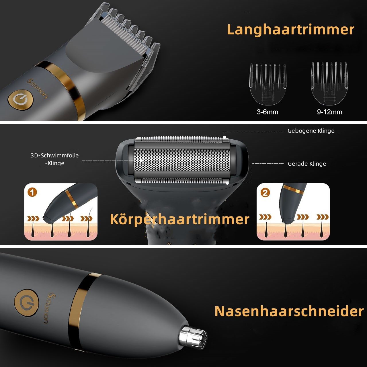 Scttomon Elektrokörperrasierer RFC-2018, Aufsätze: 1, Bartschneider, Nasenhaartrimmer, 3 in 1