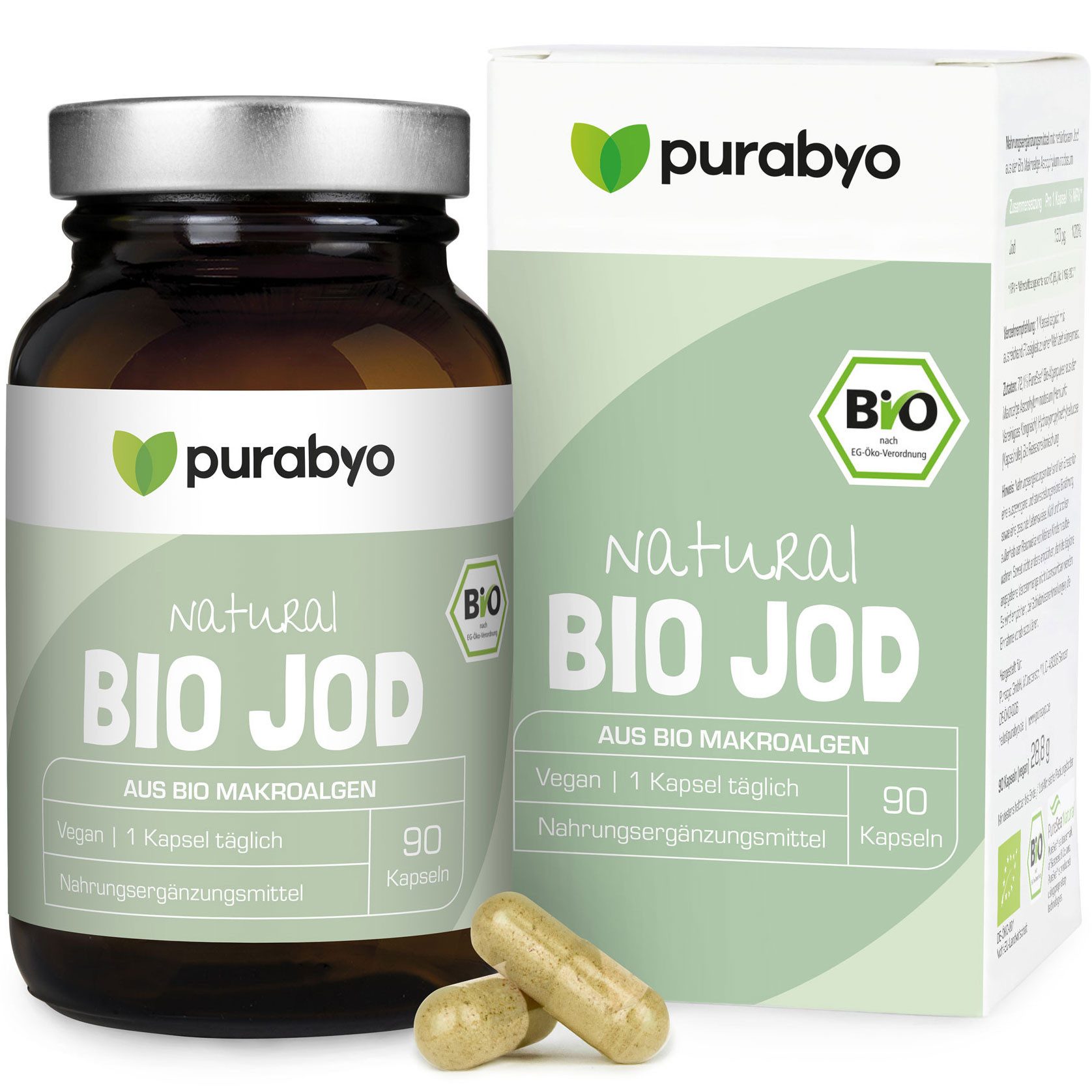 Purabyo BIO Jod Kapseln, Algen europäischer Herkunft, laborgeprüft, im Glas Kapseln, 1 er 90 St., 28 g