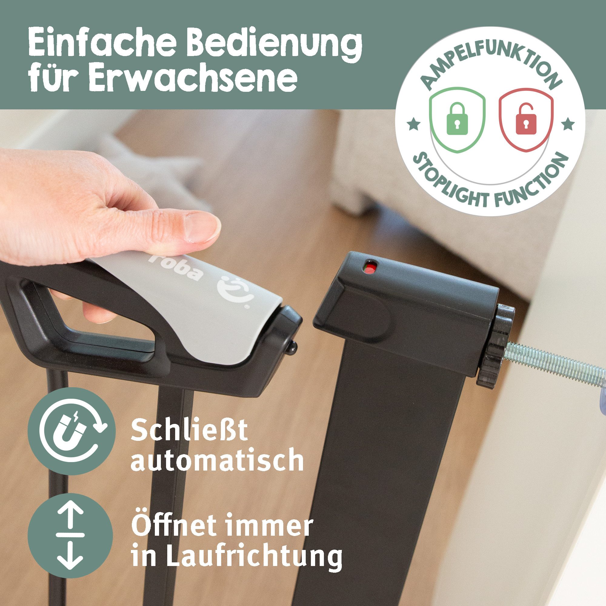 roba® Türschutzgitter easySafe+ Tür- & Treppenschutzgitter Metall - Verstellbreite 75-82 cm, TÜV-geprüft - Ampelverschluss 90°-Stopp - Bohrfrei - Von 0-24 Monat – Bild 4 von 5