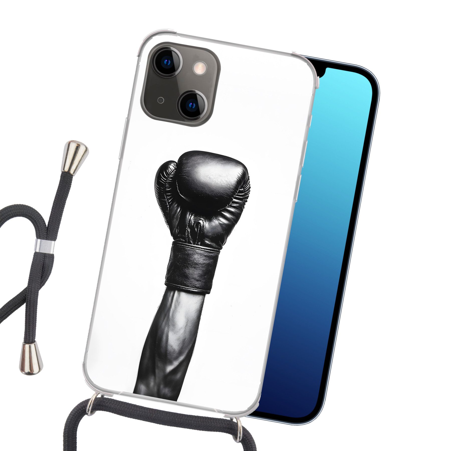 MuchoWow Handyhülle für Apple iPhone 13 Boxhandschuh - Schwarz - Hand, Tragbare Handyhüllen mit Kette zum umhängen, Handykette Handyband