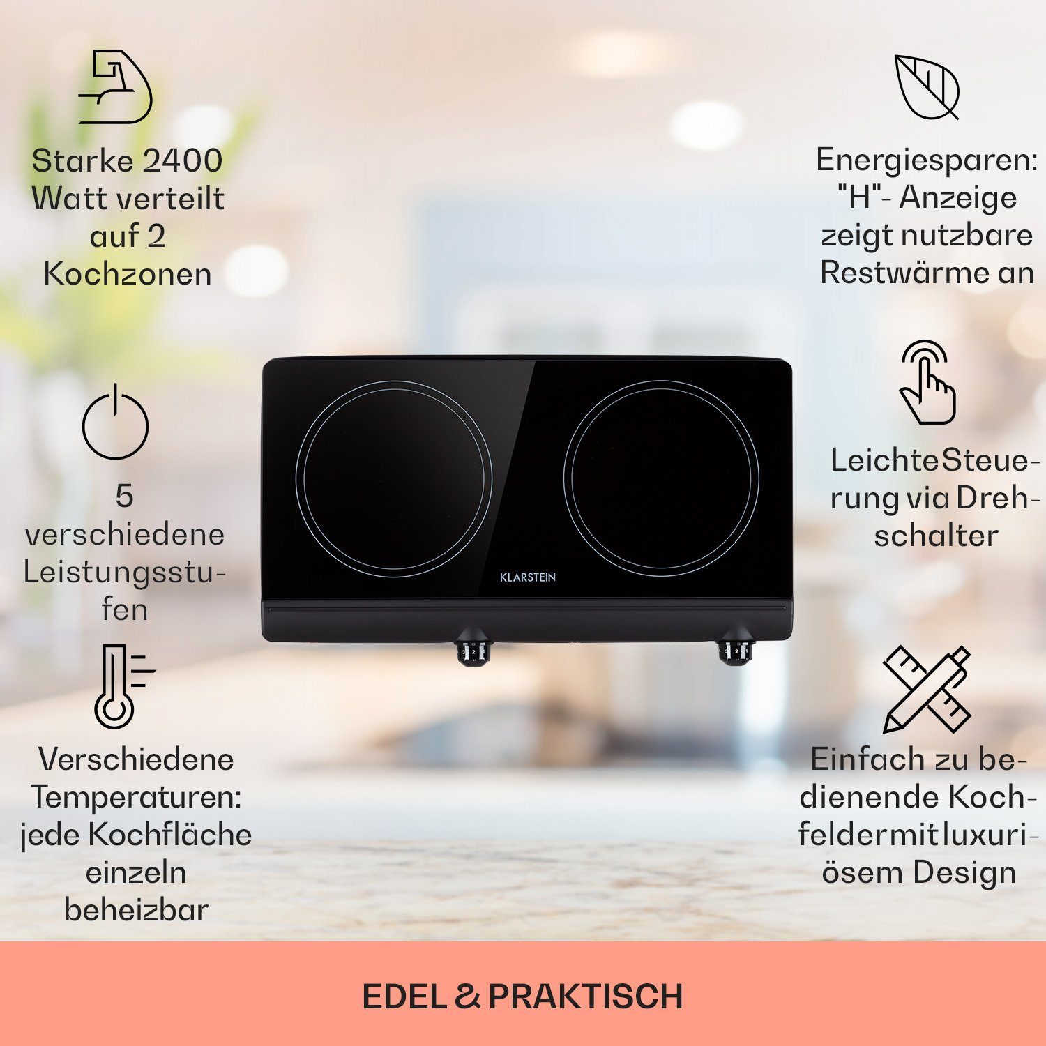 Klarstein Elektro-Kochfeld Cookbuddy Doppel-Kochfeld 2400W 2 Zonen 5 Stufen Glas Thermostat, Doppelkochfeld portabel mobil mit Glaskeramik abwischbar leise