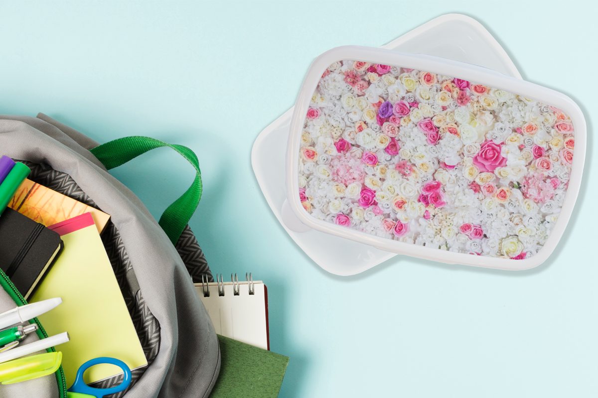 Mädchen Lunchbox für Erwachsene, - (2-tlg), weiß für Kinder Farben, und und Blume Kunststoff, MuchoWow Brotbox Brotdose, Rosen - Jungs