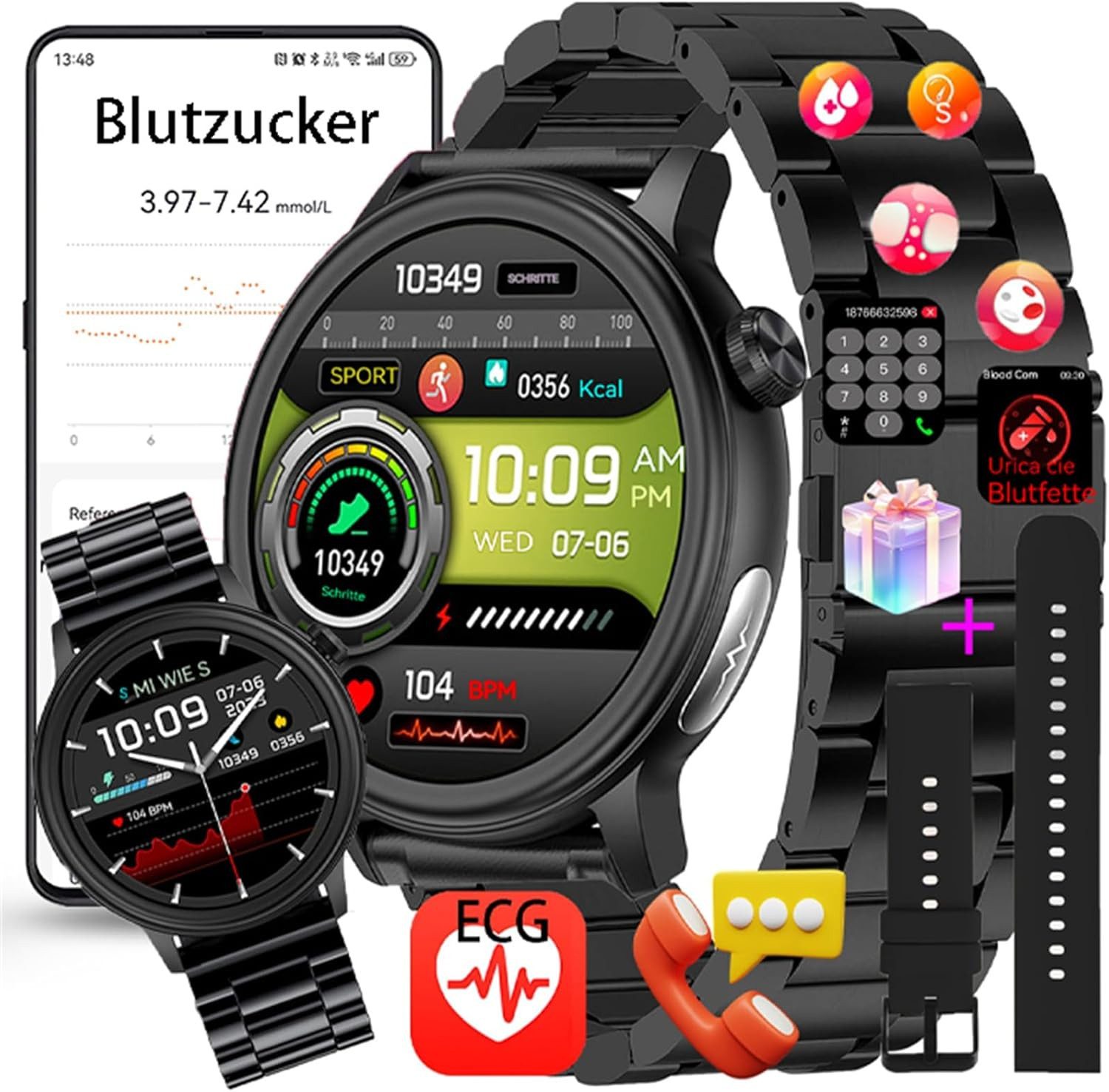 Fohatu mit blutzuckermessung, EKG, Bluetooth-Anrufe, Schrittzähler, Wecker Smartwatch (1,39 Zoll, Android, iOS), smartwatch herren fitness fitnessuhr damen gesundheits schrittzähler