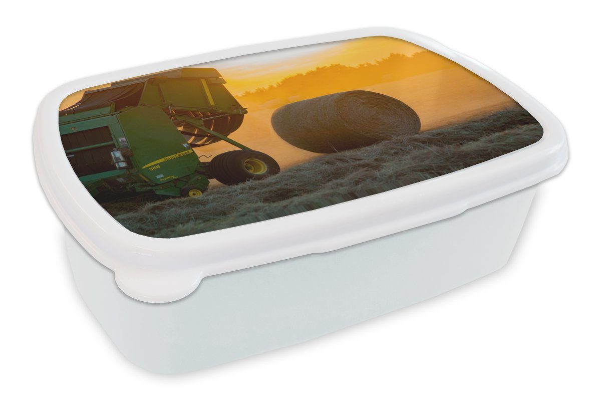 MuchoWow Lunchbox Bauernhof - Heu - Wiese - Feld - Sonne - Orange, Kunststoff, (2-tlg), Brotbox für Kinder und Erwachsene, Brotdose, für Jungs und Mädchen weiß