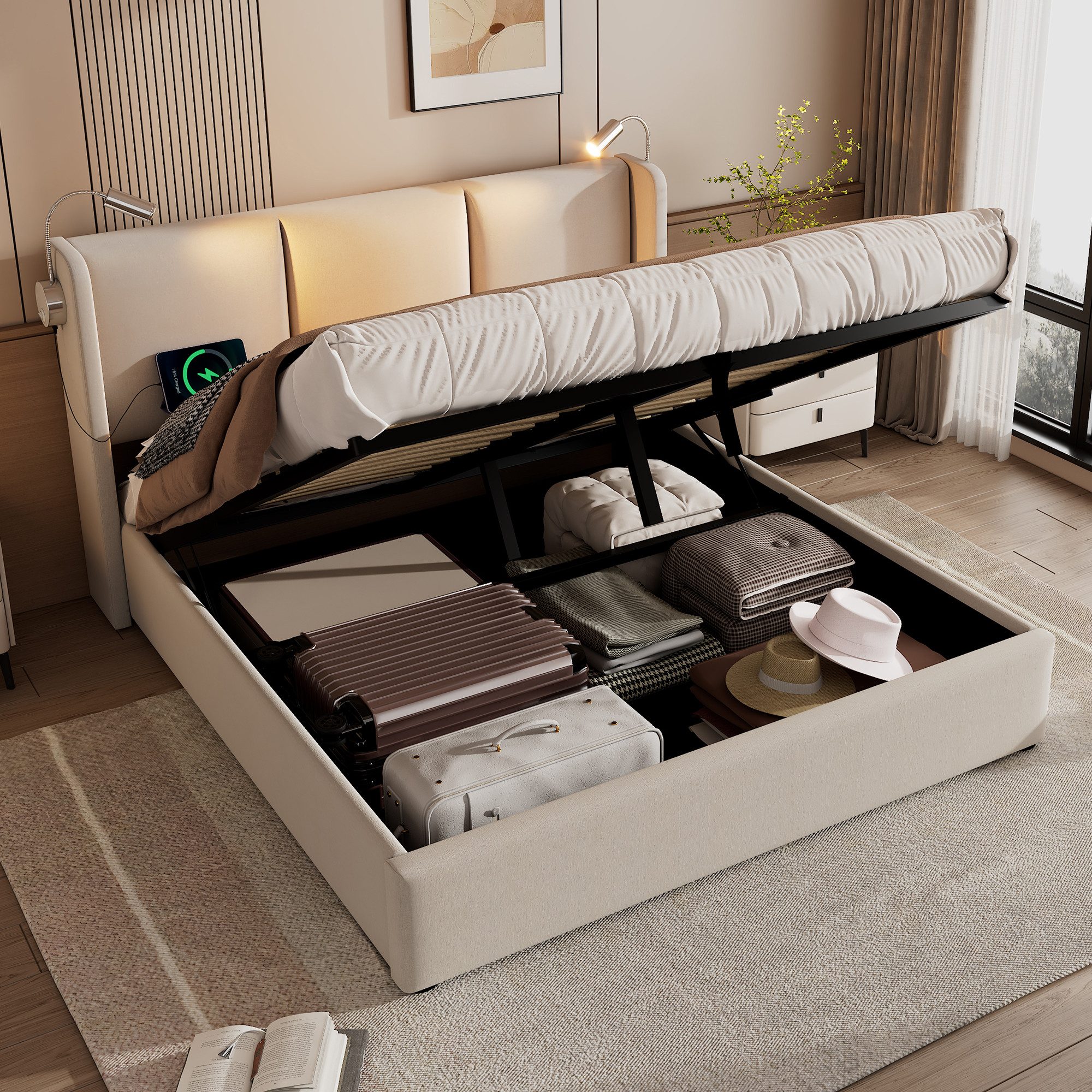 TavilaEcon Polsterbett Doppelbett mit Ladefunktion Kopfteil und Lattenrost (1-tlg), ohne Matratze, 180x200cm, beige – Bild 3 von 5
