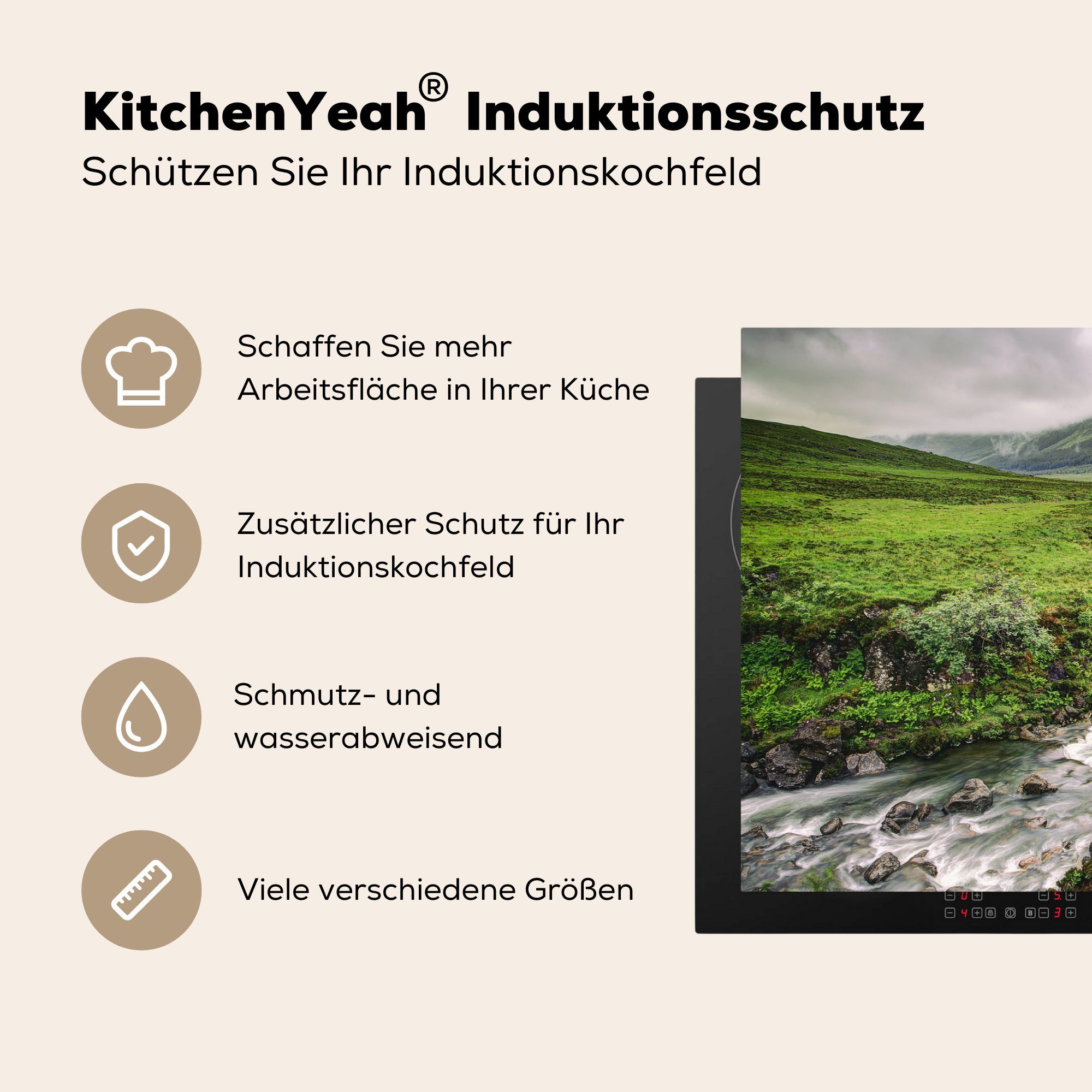 MuchoWow 81x52 in für (1 Fluss Schutz Herdblende-/Abdeckplatte tlg), Vinyl, cm, küche, Ceranfeldabdeckung Induktionskochfeld die Schottland,