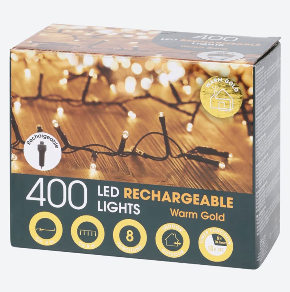 Spectrum LED-Lichterkette Weihnachtsbeleuchtung 8 Meter 400 LED aufladbar w. Gold