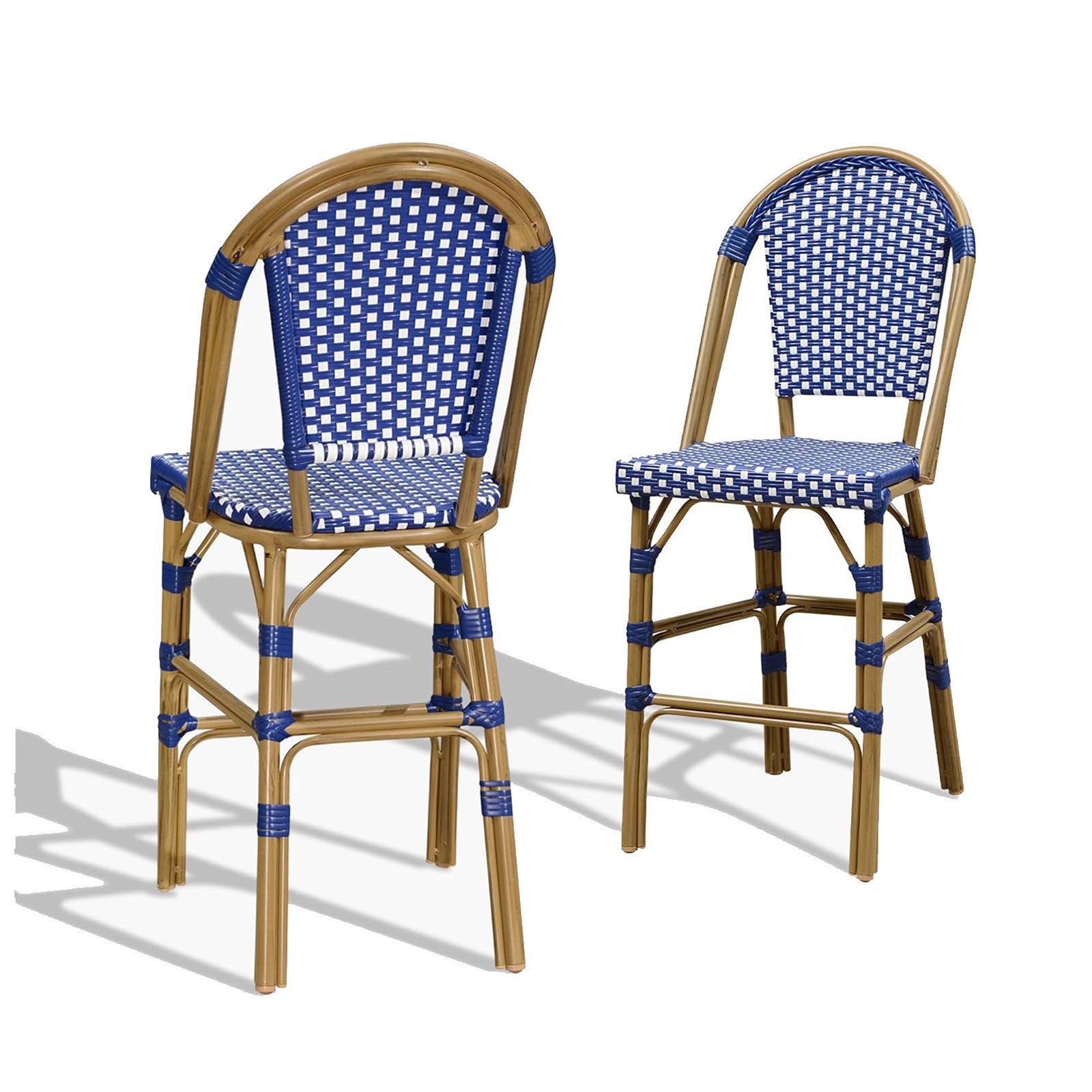 PURPLE LEAF Высокие табуреты Französischer Stil 2st, Handgeflochten, Aluminium, Hohe Rückenlehne (2er Set), Barstuhl Outdoor-Tresenhocker Rattan, für Bar, Cafés, Küchen, Garten