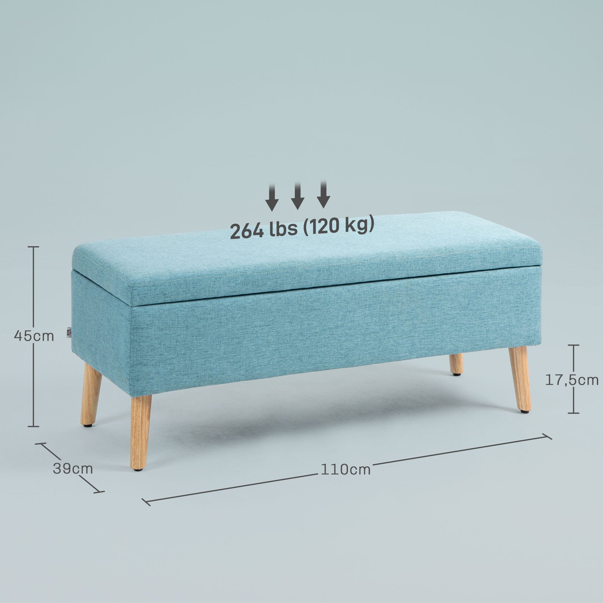 HOMCOM Sitzbank Polsterbank mit Leinenoptik, Sitztruhe mit Holzbeine (Truhenbank, 1-St., Polsterbank), Gummiholz Blau 110 x 39 x 45 cm