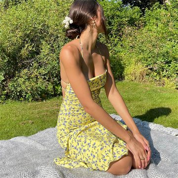 RUZU UG Dirndl Sommer florales Strapsrock geschlitztes rückenfreies Kleid für Damen (1-tlg)