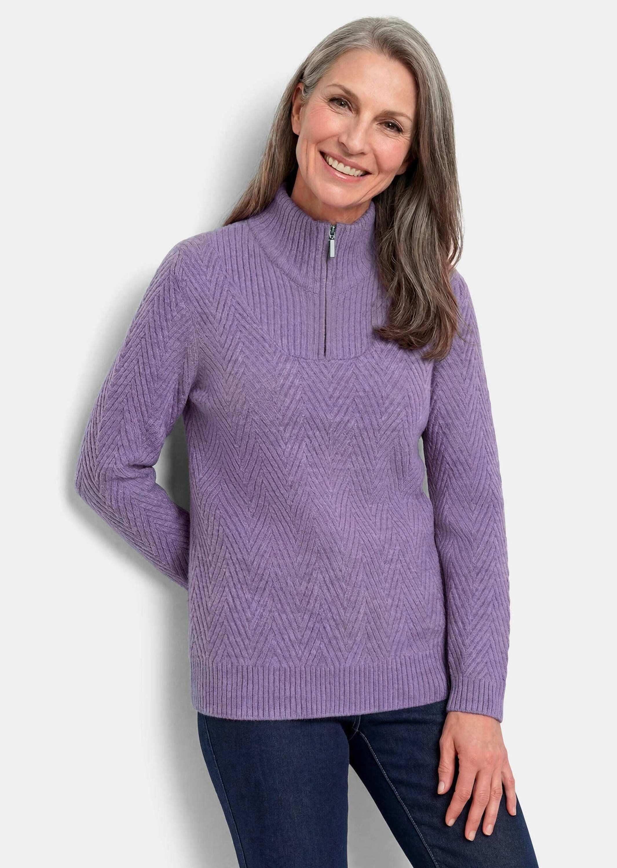 GOLDNER Strickpullover Troyer-Pullover mit Reißverschluss Warmer Strickpullover mit Zickzack-Strick, Stehkragen und Merinowolle