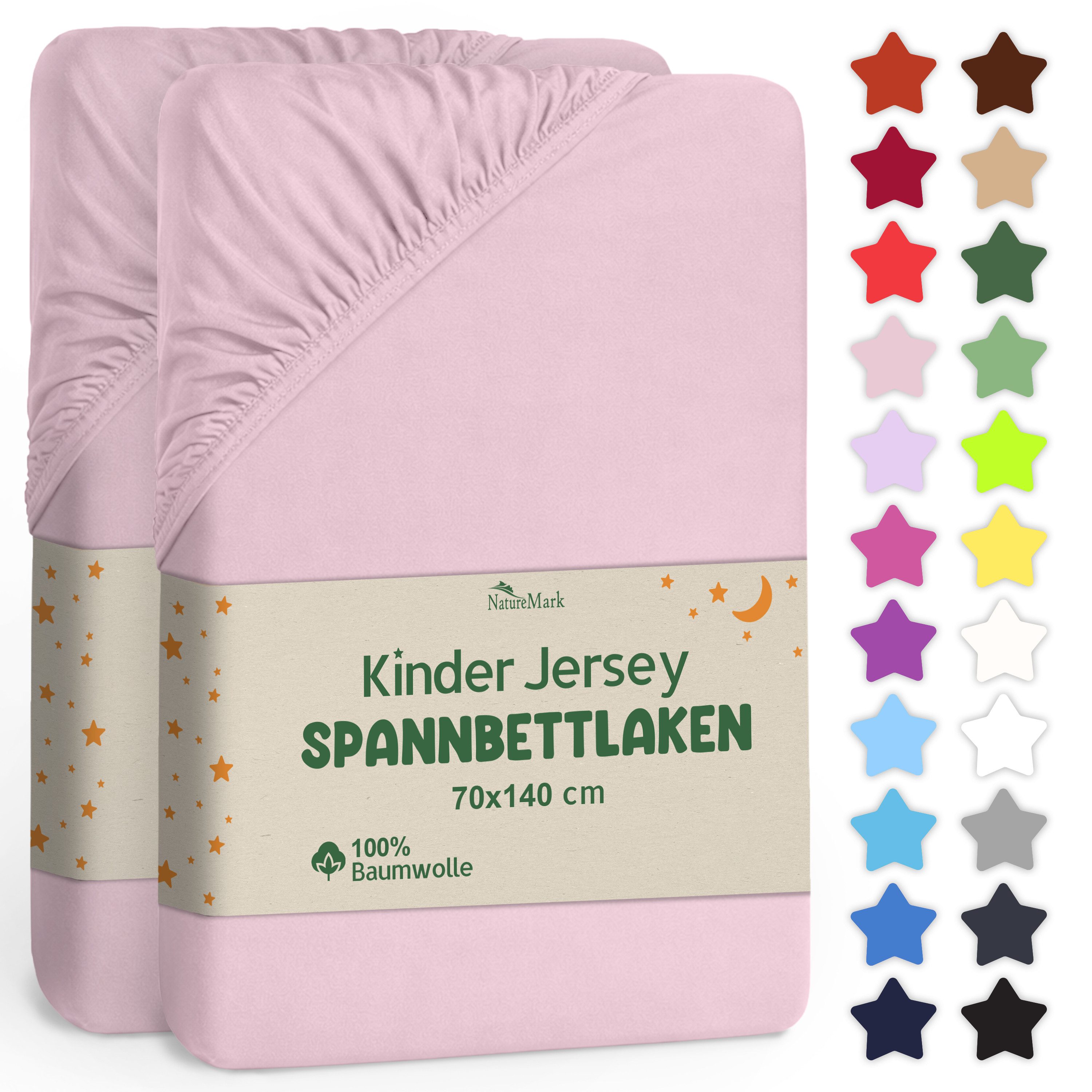 NatureMark Spannbettlaken Jersey Spannbetttuch, 100% Baumwolle, Gummizug: rundum, (2 Stück), Kinder Spannbetttuch, für Baby-/Kinderbett, 70x140 cm, Rosa