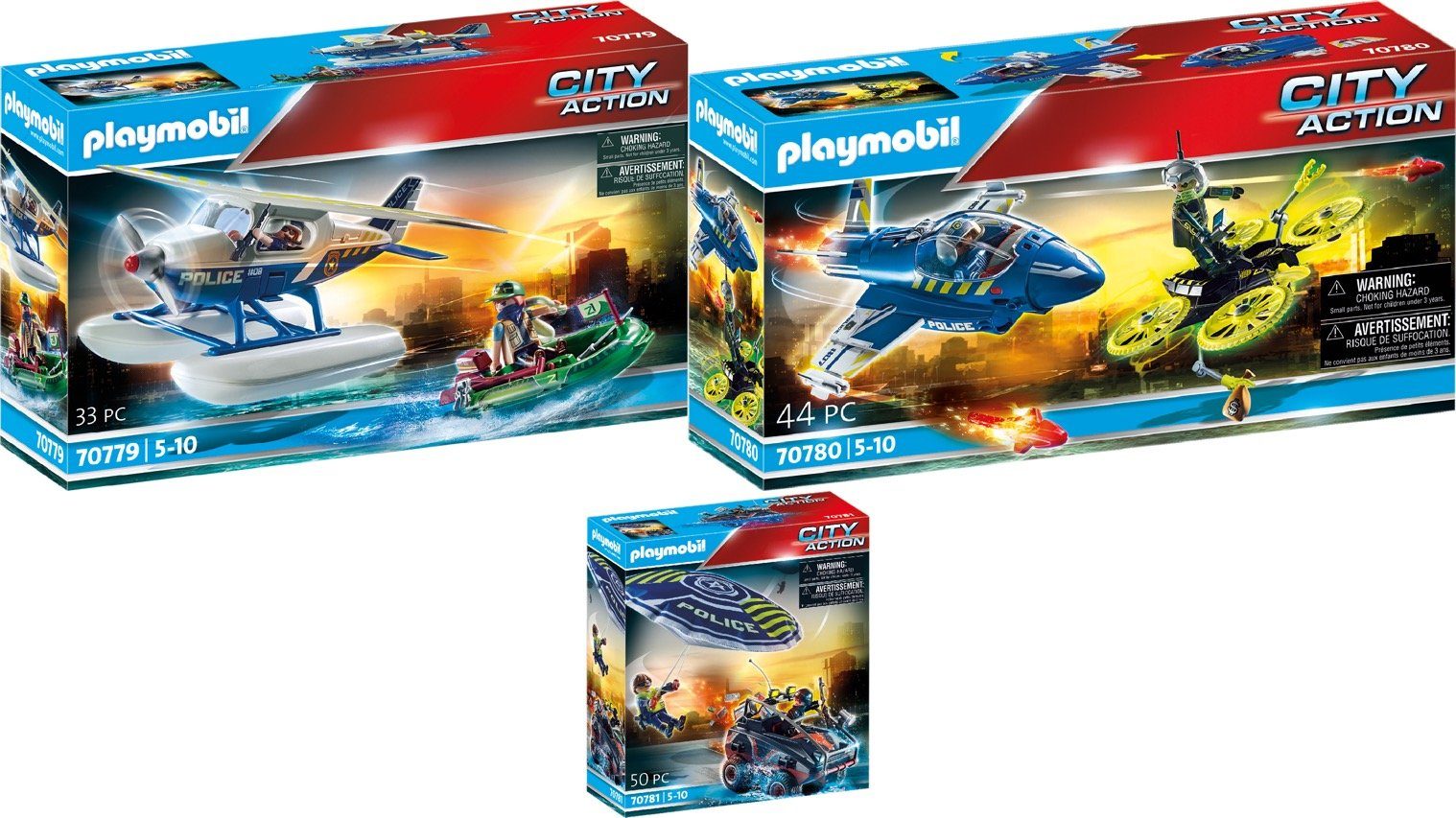 Playmobil® Konstruktions-Spielset 3er Set: 70779 Polizei-Wasserflugzeug:  Schmuggler-