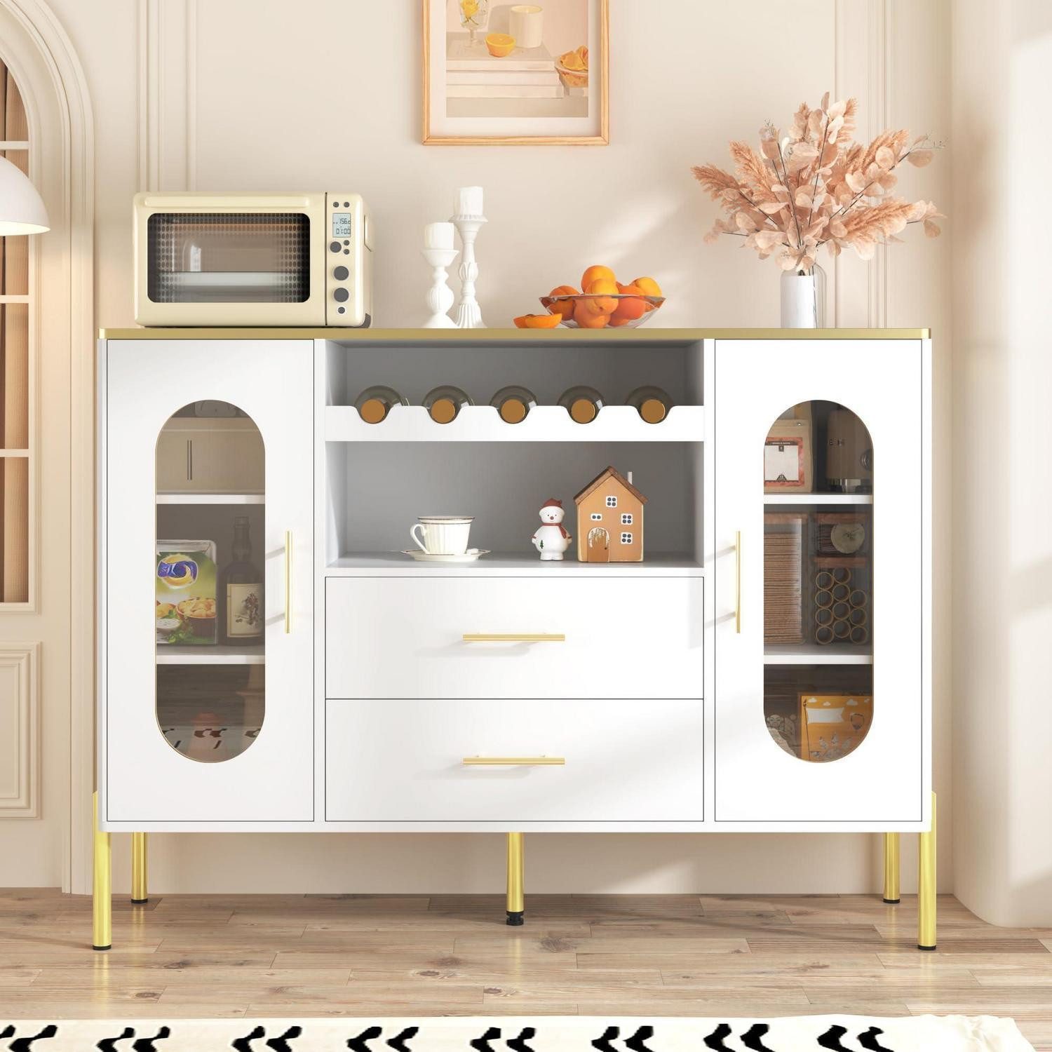LuxusKollektion Anrichte Anrichte Schrank Glasfronten Weinregal Goldgriffe Weiß(120x38x90)