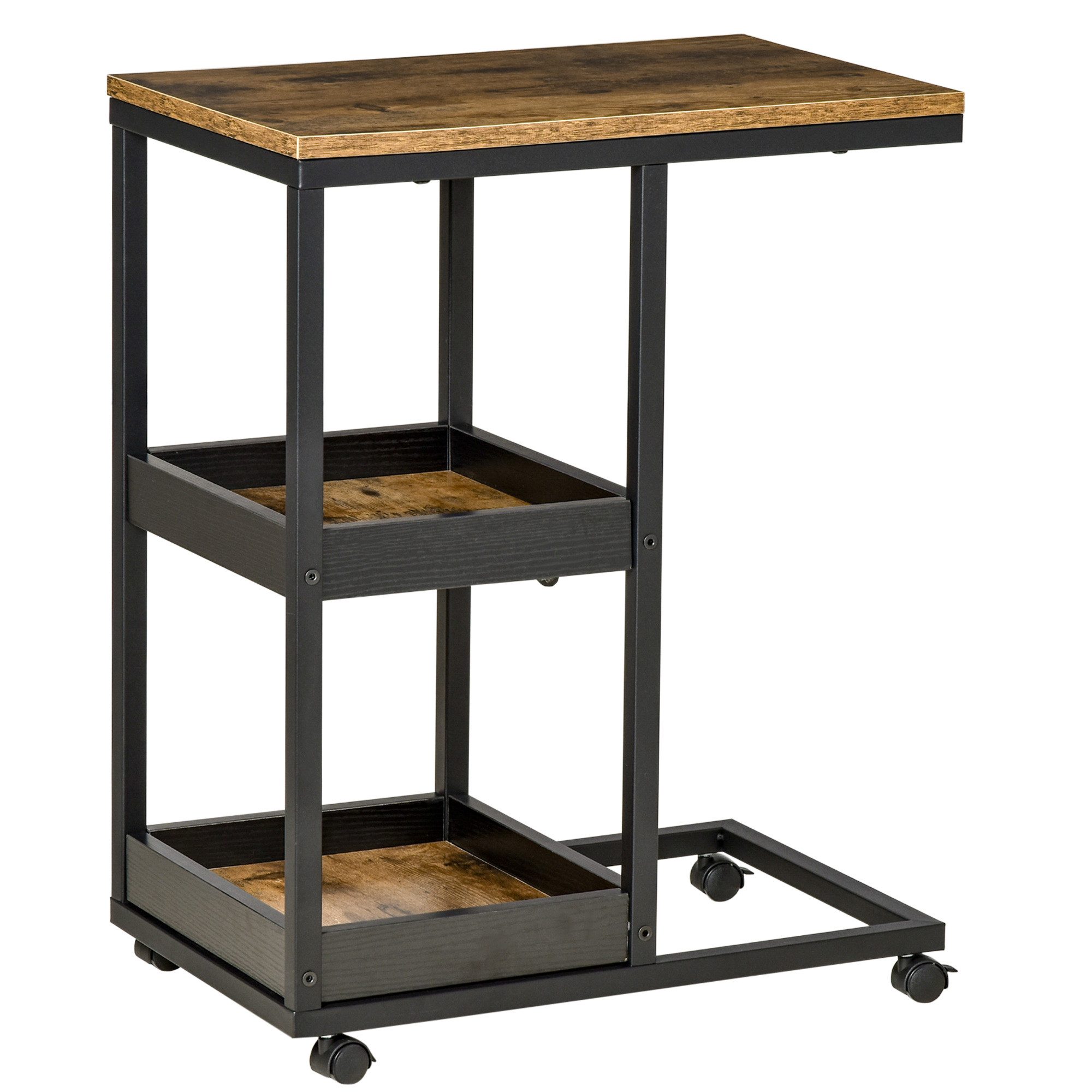 HOMCOM Beistelltisch Sofatisch mit Rollen, Ablage (Couchtisch, 1-St., Kaffeetisch), für Wohnzimmer, Schlafzimmer, Dunkelbraun, 51 x 33 x 66 cm