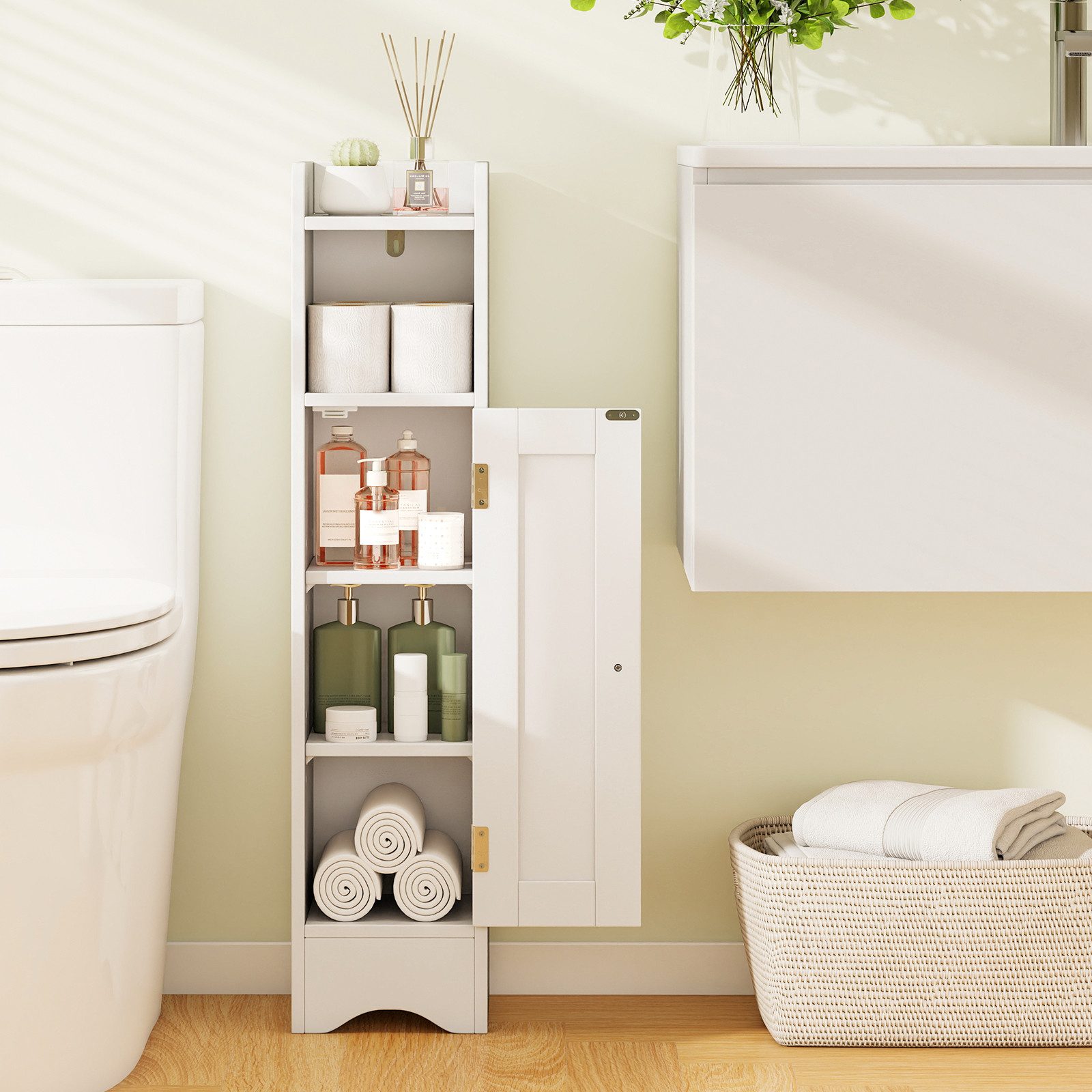 COSTWAY Badkommode, Badezimmerschrank schmal mit verstellbaren Ablagen, weiß