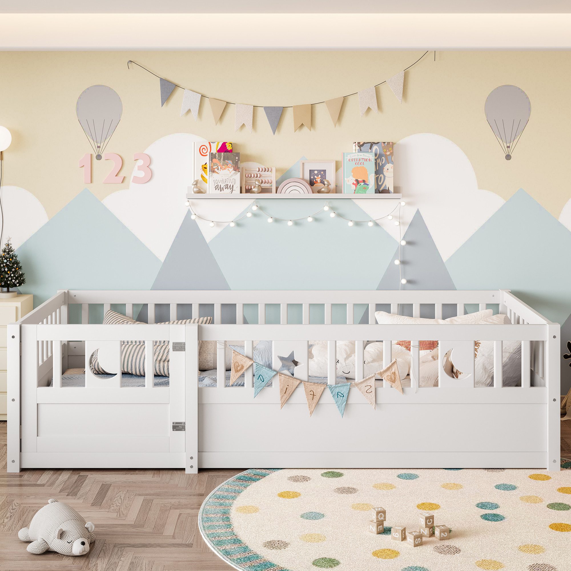 Flieks Kinderbett, Bodenbett Massivholzbett 90x190cm mit Gitter und Lattenr günstig online kaufen