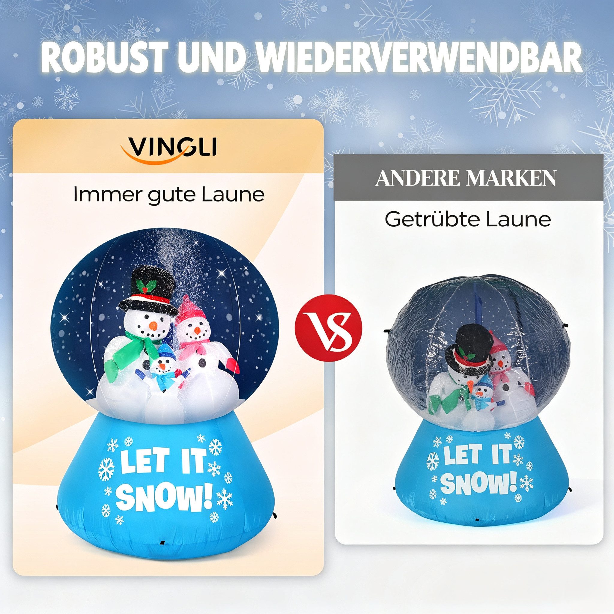 VINGLI Weihnachtsfigur Wetterfest, Weihnachtsdeko Aufblasbar für Innen & Außen, 180 cm Aufblasbarer Schneemann im Kristallball, Schnee-Effekt, 4 LEDs – Bild 5 von 5