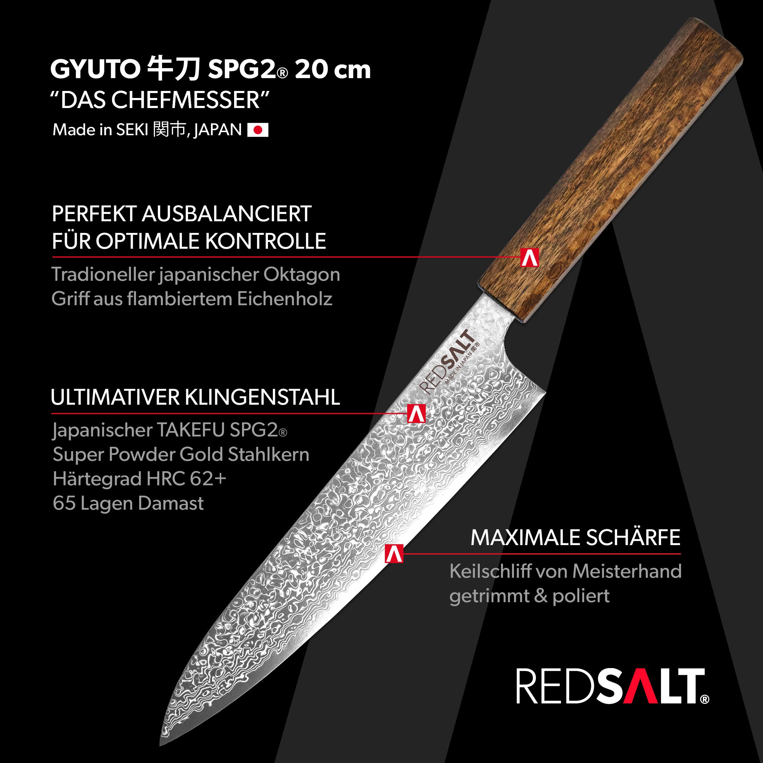 REDSALT® Damastmesser GYUTO  20cm SPG2 Damaststahl Chefmesser handgefertigt, TAKEFU SPG2 Kern, 65 Lagen, rostfrei, Made in Japan
