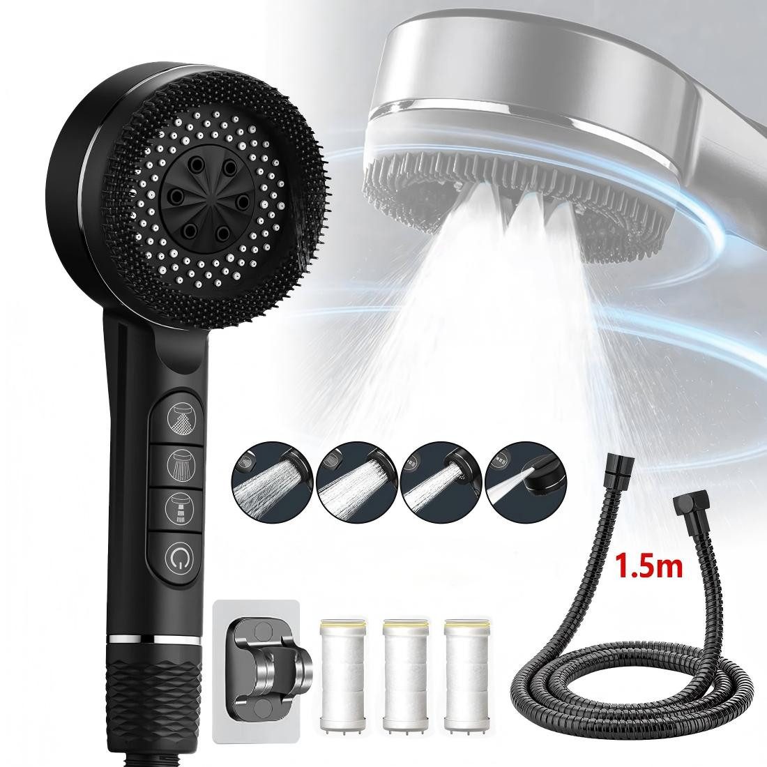 Refined Living Duschbrause Duschkopf mit Filter & Schlauch,4 Modi, Handbrause,Hochdruck Duschkopf, (Handbrause wassersparend mit 4 Strahlarten, Wassersparend, Massagebürste, Stoppfunktion, Handbrause Set für Badezimmer, Sparduschkopf gegen Kalk, Duschbrause mit Massagefunktion, Regendusche, Duschkopf mit Ein/Aus Schalter, 1-tlg., Inkl. 1,5 m schlauch,Halterung,3 Filter,Effektive Wasserfiltration), für Badezimmer Erwachsene, Kinder, Haustiere, Ergonomisches Design