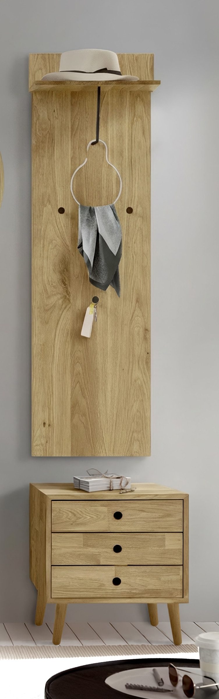 möbelando Garderoben-Set Anacortes, (2-teilig), (2-teilig) Paneel + Kommode, in Eiche - 42x180x35 (BxHxT)