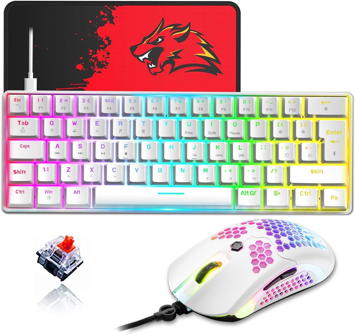 ZIYOU LANG 60% Compact RGB Gaming mechanische Rot Schalter Tastatur- und Maus-Set, Mini QWERTY Layout Abnehmbares USB-C Kabel Bienenwabe Programmierung