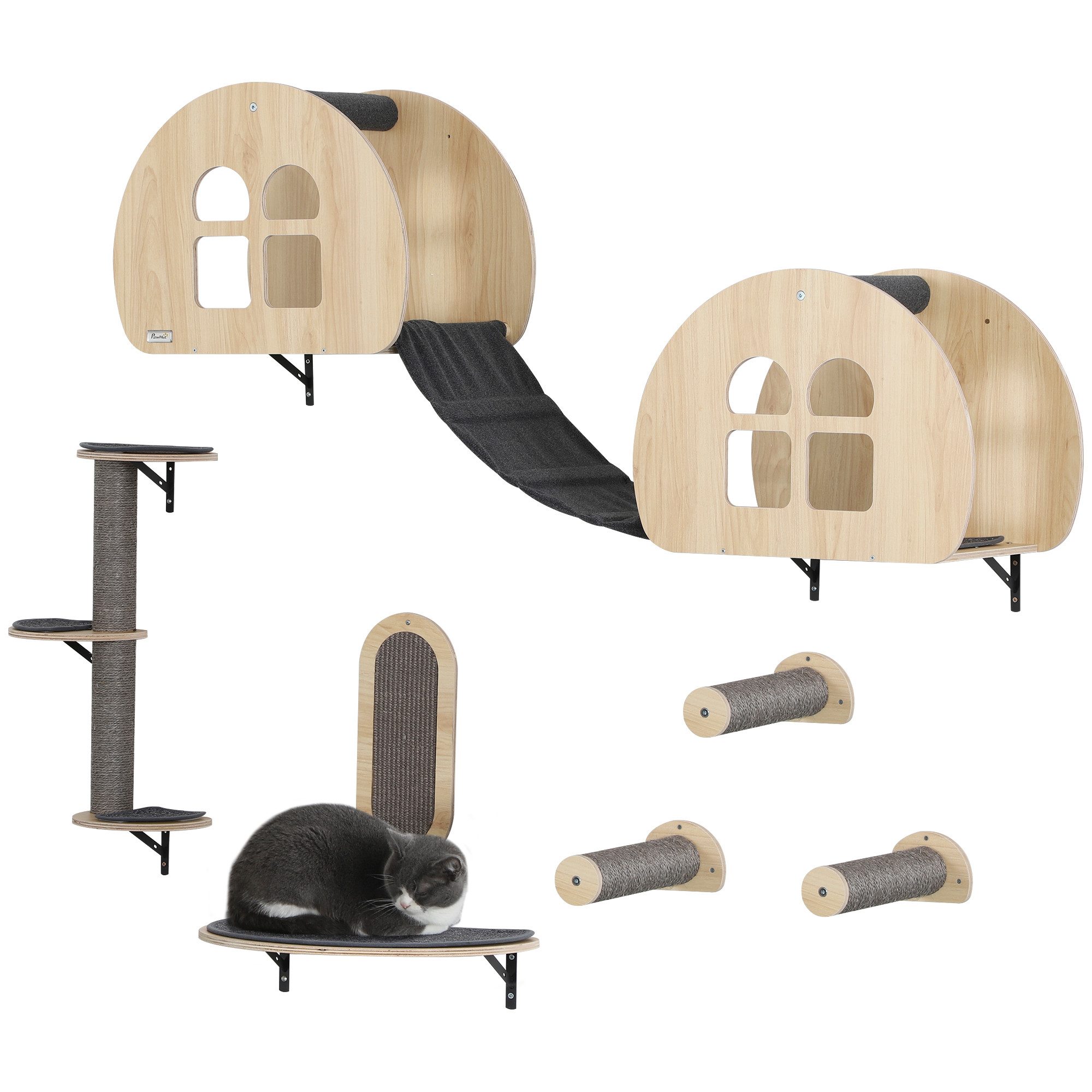 PawHut Katzen-Kletterwand 7-teilig, mit Sisalpfostenleiter, Plattform, Kratzbrett, Höhle, für Katzen bis zu 5 kg, Grau