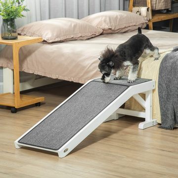 PawHut Hunderampe Haustierrampe mit rutschfestem Teppich Kiefernholz Polyester Weiß+Grau (Set, 1-St., Haustierleiter für Hund bis 30 kg), 125L x 40B x 35.5H cm