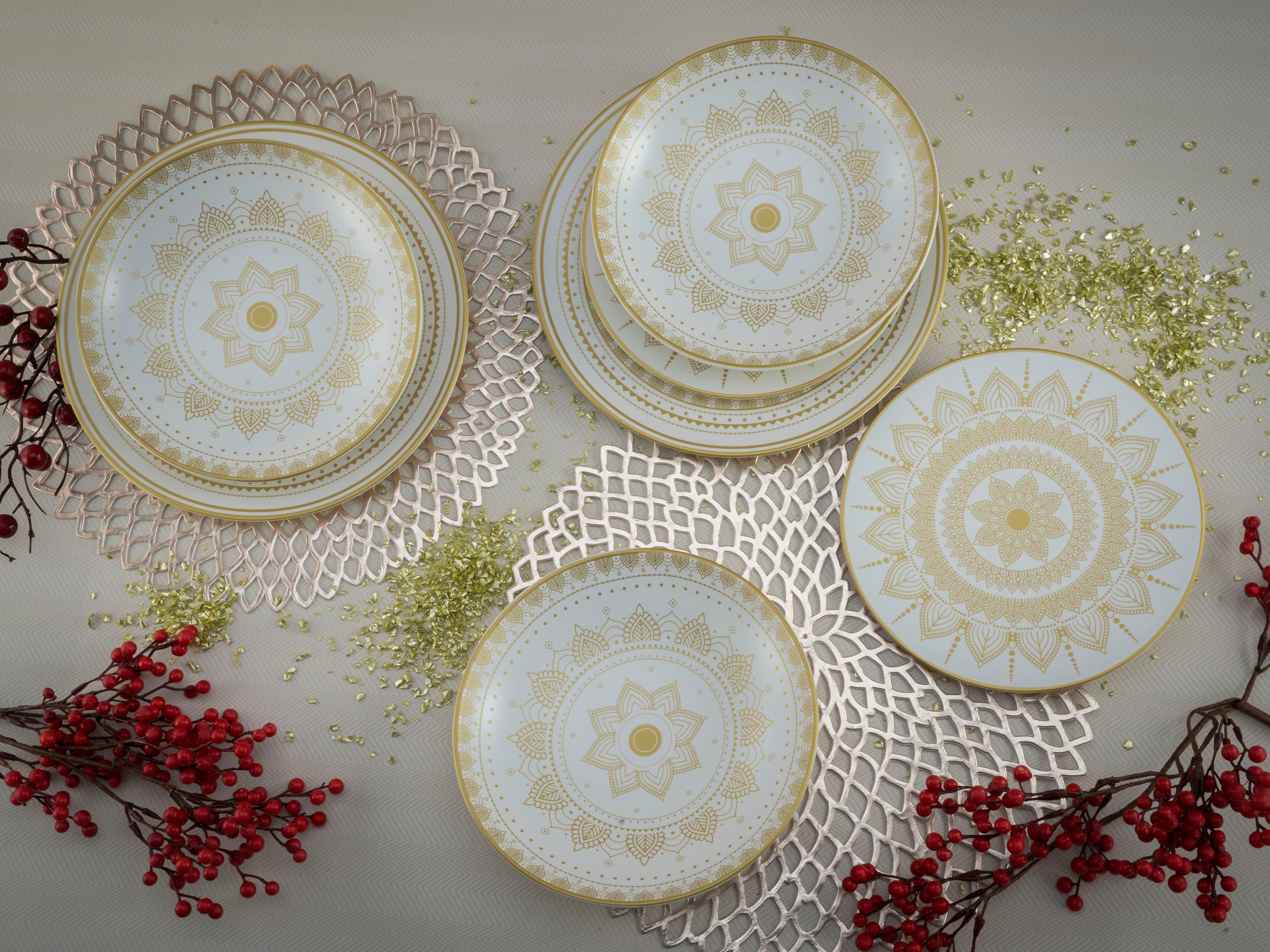 CreaTable Teller-Set Mandala Gold (12-tlg), 4 Personen, Steinzeug, Teller Set, goldene orientalische Motive, 12 Teile, für 4 Personen