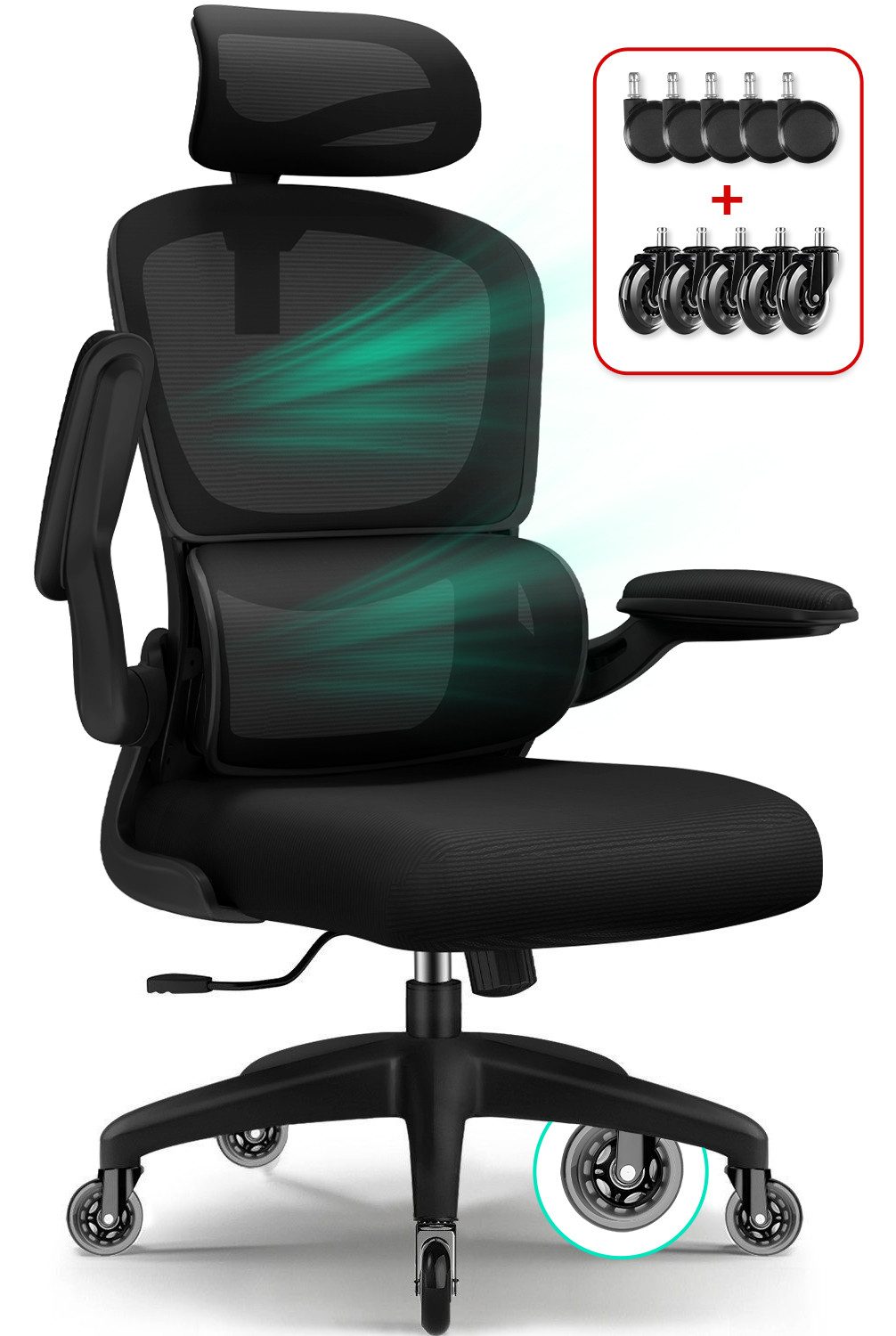 Fukstern Bürostuhl Ergonomischer Bürostuhl mit 90° klappbaren Armlehnen (Verstellbare Kopfstütze, atmungsaktiver Mesh-Bezug, Rücken- und Taillenstütze, Neigung fixierbar bei 90° (maximal kippbar bis 135), bis 150 kg belastbar