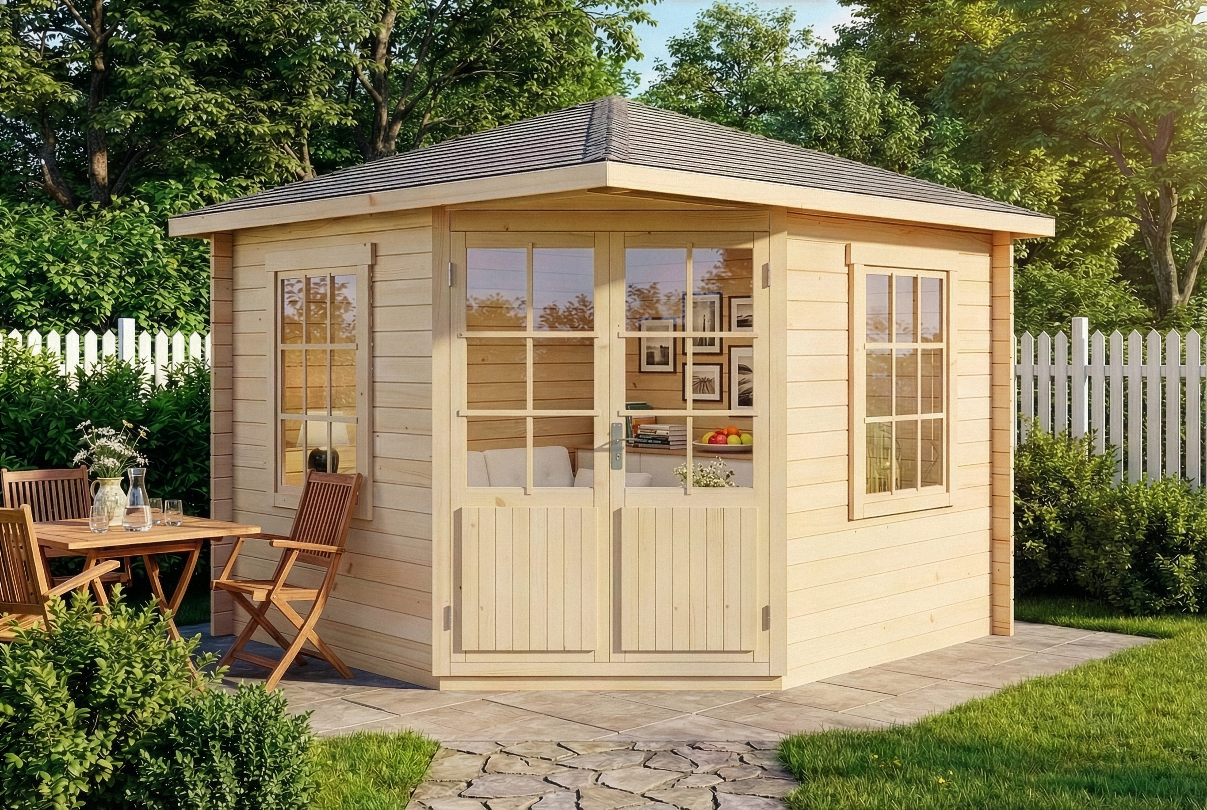 Alpholz Gartenhaus Holz 5-Eck Monica, BxT: 320x320 cm, in Naturbelassen mit 28mm Wandstärke