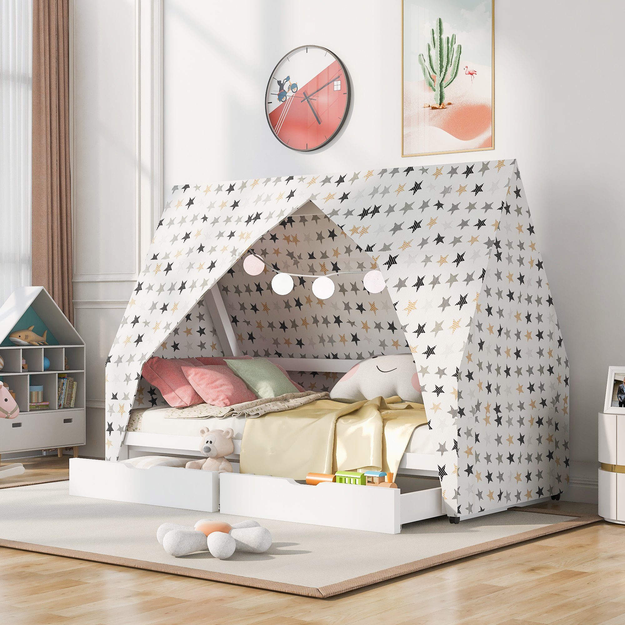SOFTWEARY Kinderbett Hausbett mit Lattenrost, 2 Schubladen und Zelt (90x200  cm), Einzelbett, Holzbett aus Kieferholz, Jugendbett