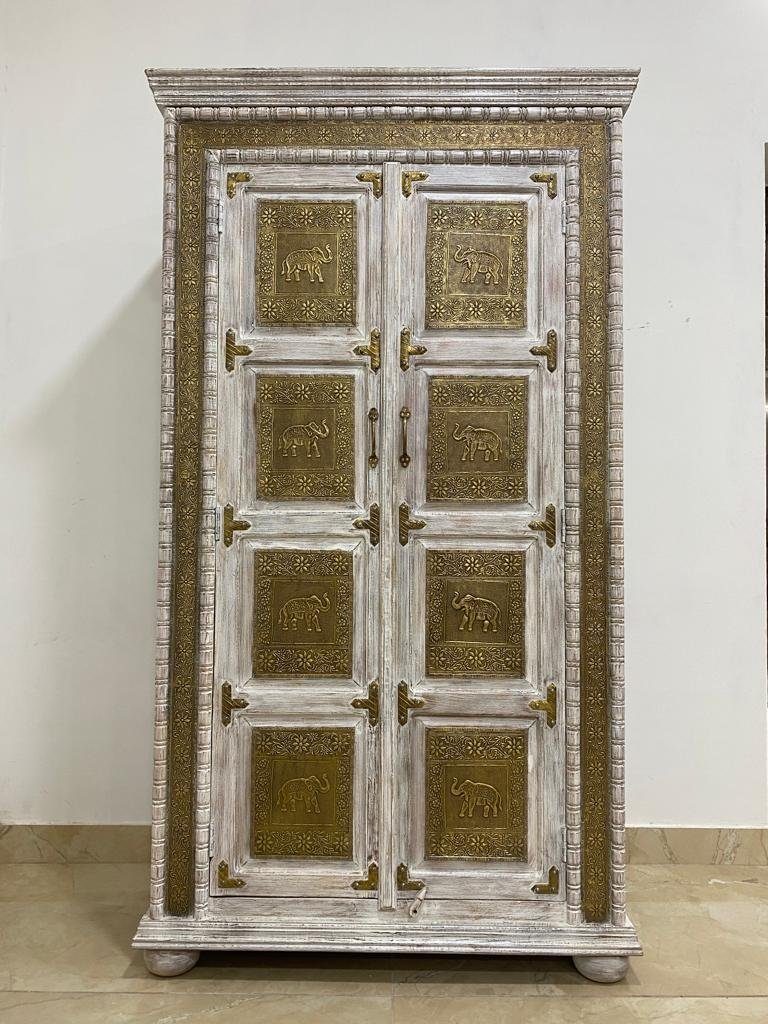 Oriental Galerie Mehrzweckschrank Weiß Gold 180 cm Vanita Handarbeit Indien Schrank