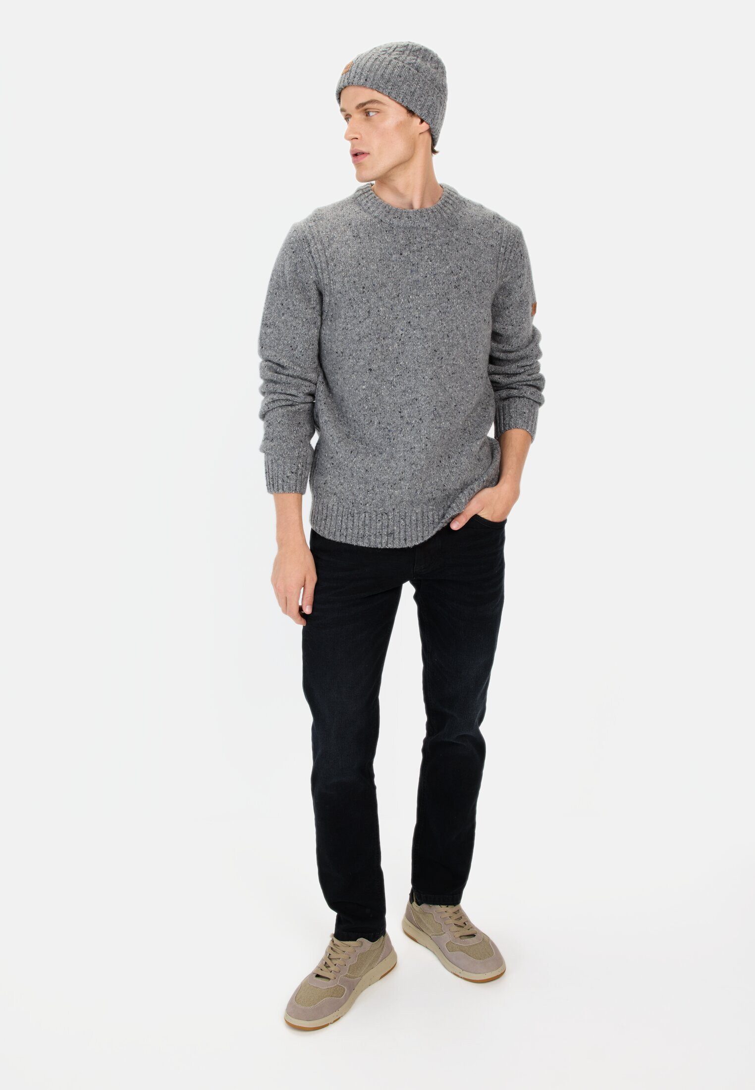 camel active Strickpullover aus Merinowolle Leder-Badge