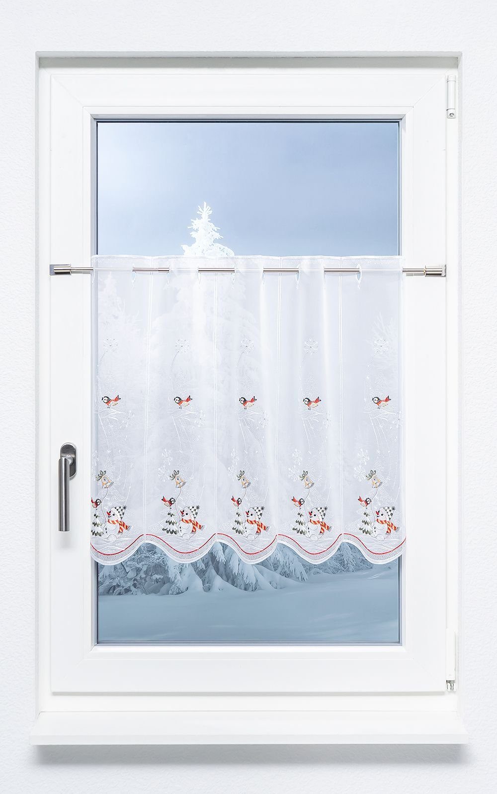 Plauener Spitze® Scheibengardine Schneemann mit Vöglein (1 St), halbtransparent, HxB 55x48cm