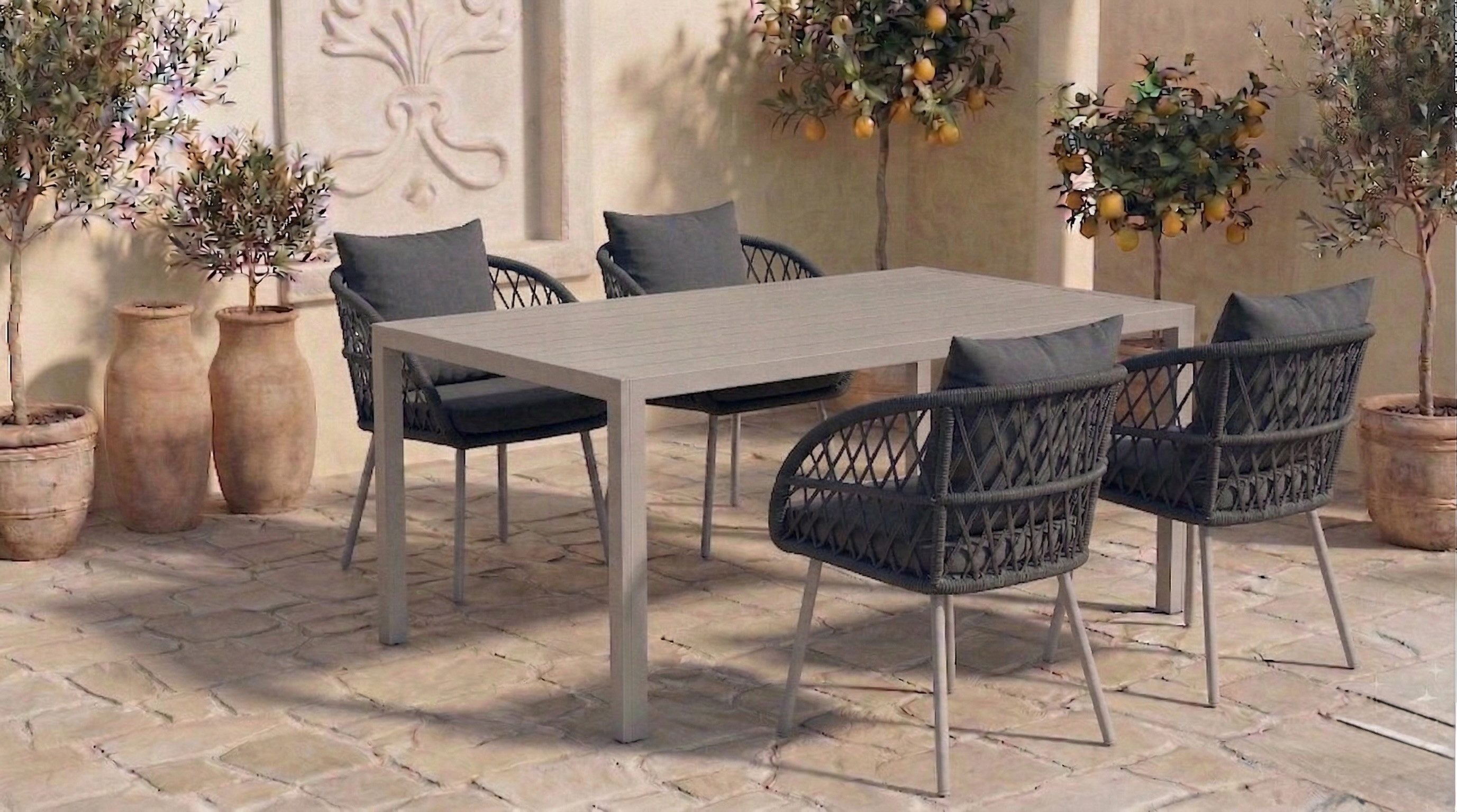 MCW Garten-Essgruppe Essgruppe Garten Alu Essgruppe Set Tisch mit 4 / 6 Geflecht Stühlen, (5-tlg)