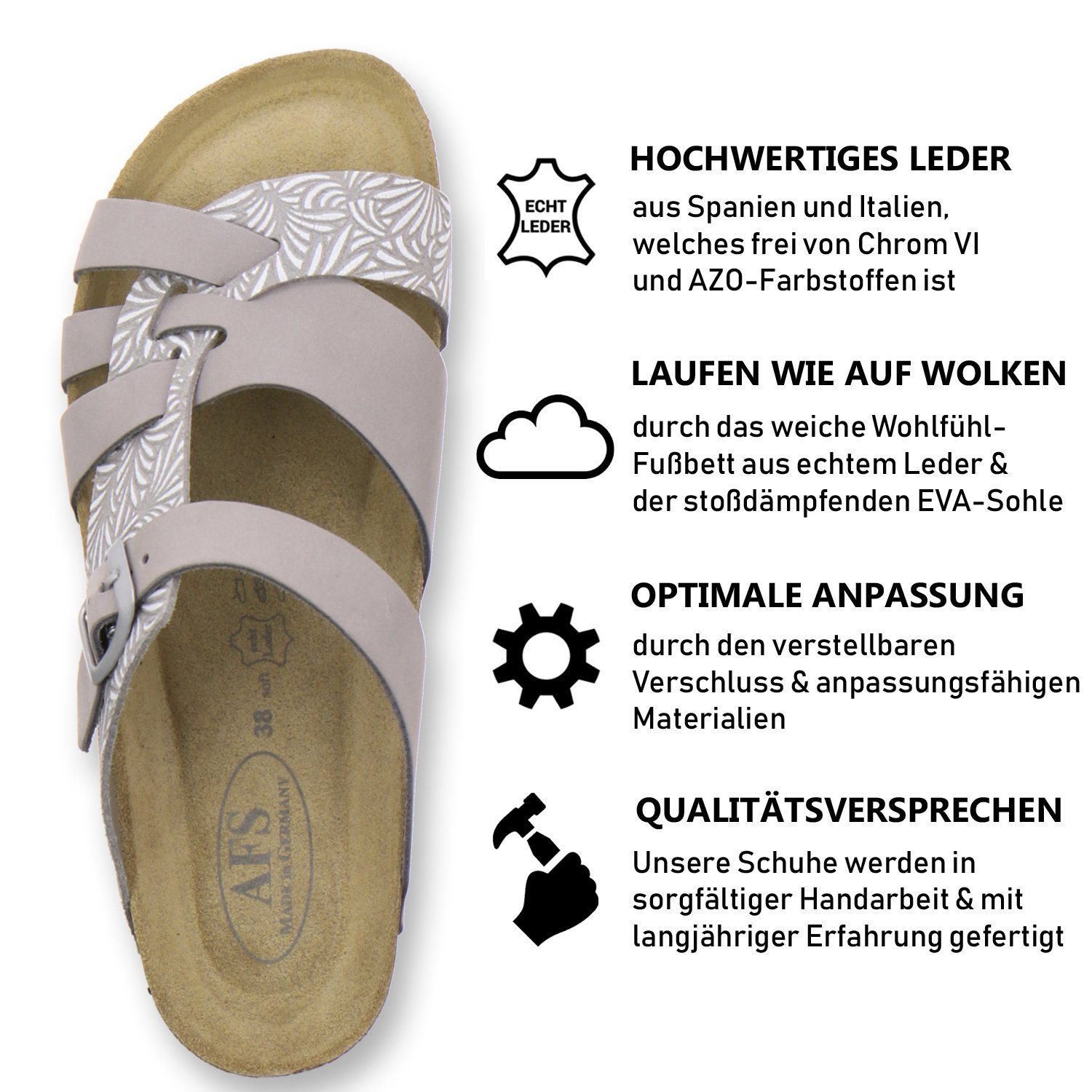 in Germany Fussbett, Damen Made grau/marga AFS-Schuhe mit 2122 aus Pantolette Leder für