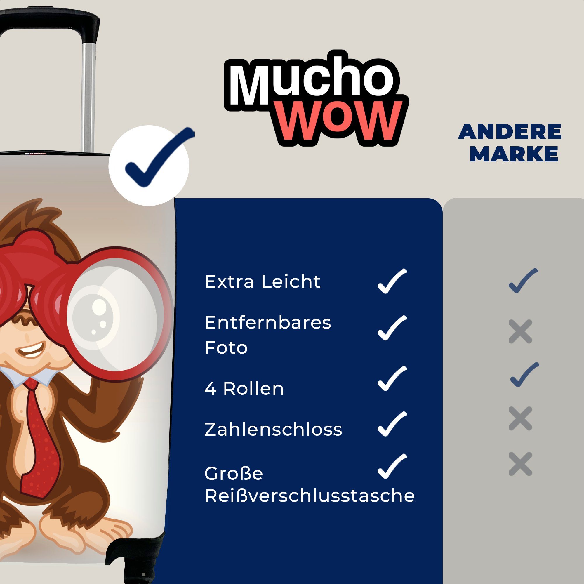MuchoWow Handgepäckkoffer Kinderillustration eines Rollen, Ferien, rollen, Handgepäck Ferngläsern, für Affen Reisetasche Trolley, mit mit 4 Reisekoffer