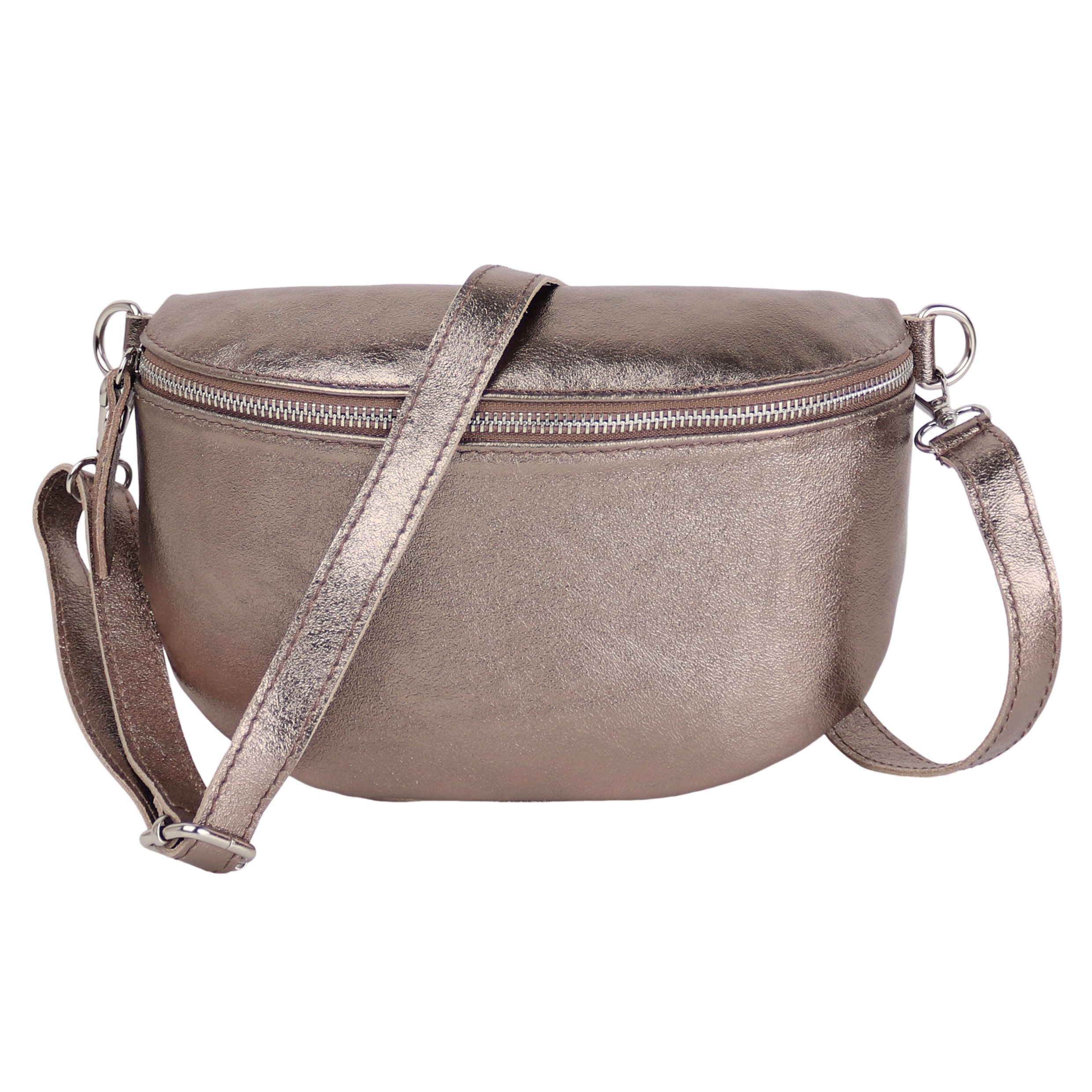 MIRROSI Bauchtasche Damen, Echtleder, Leder, Made in Italy, Umhängetasche, Brusttasche, (Schultertasche für jeden Anlass (1 Tasche & 1 / 2 Gurte), METALIC Gold Silber Crossbody Bag, verstellbare Schulterriemen