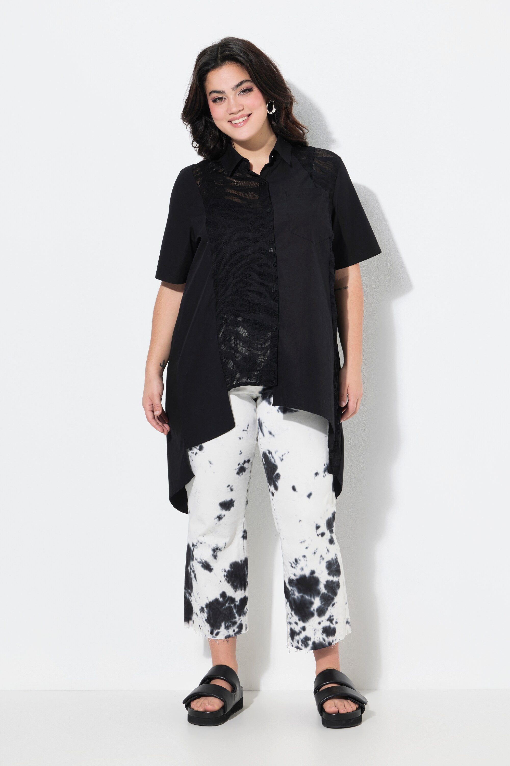 Hemdbluse Bluse A-Linie Spitzeneinsätze asymmetrischer Sau