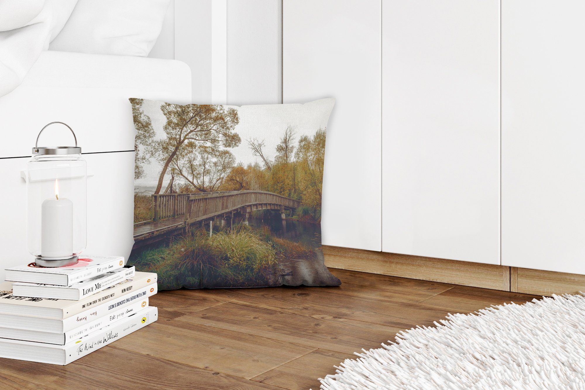 Zierkissen Dekokissen Bäume, für MuchoWow Sofakissen - Herbst Wohzimmer, - mit Schlafzimmer, Brücke Deko, Füllung