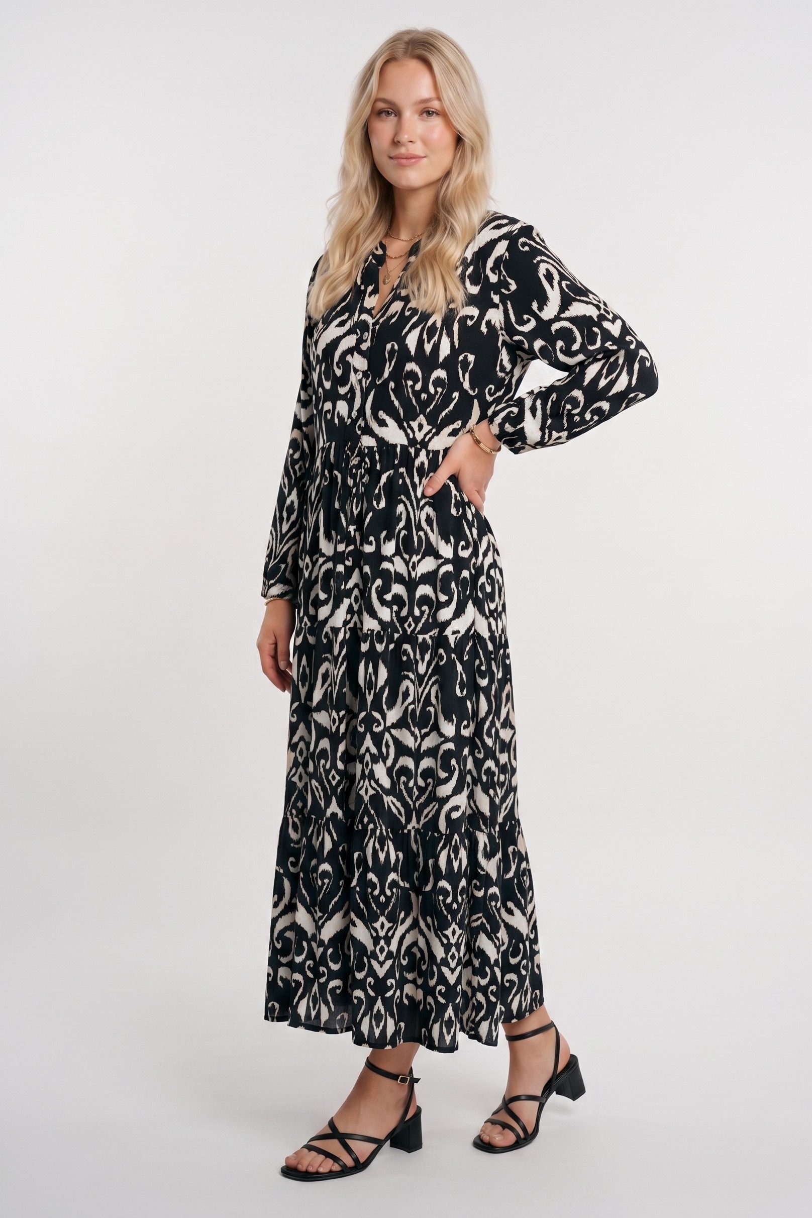 Kendindza Collection Sommerkleid Sommerkleid Damen Lang Viskose Elegantes Maxikleid lang Maxi Kleid Ikat-Print Knopfleiste & Schnurbund, Luftig Leicht