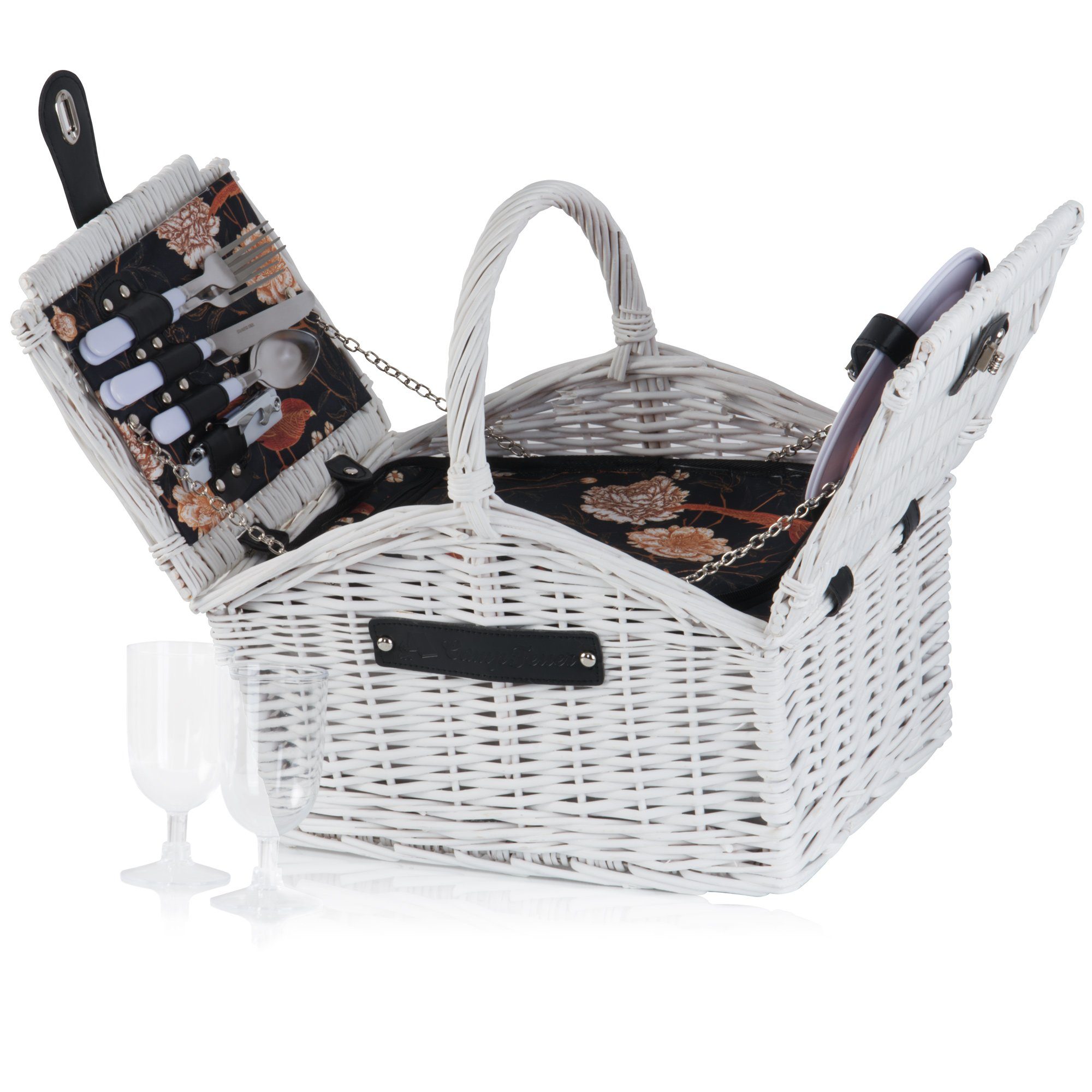 Picknickkorb 2 Personen mit Kühlfach und Geschirr-Set, 12-tlg, Weidenkorb, Weiß