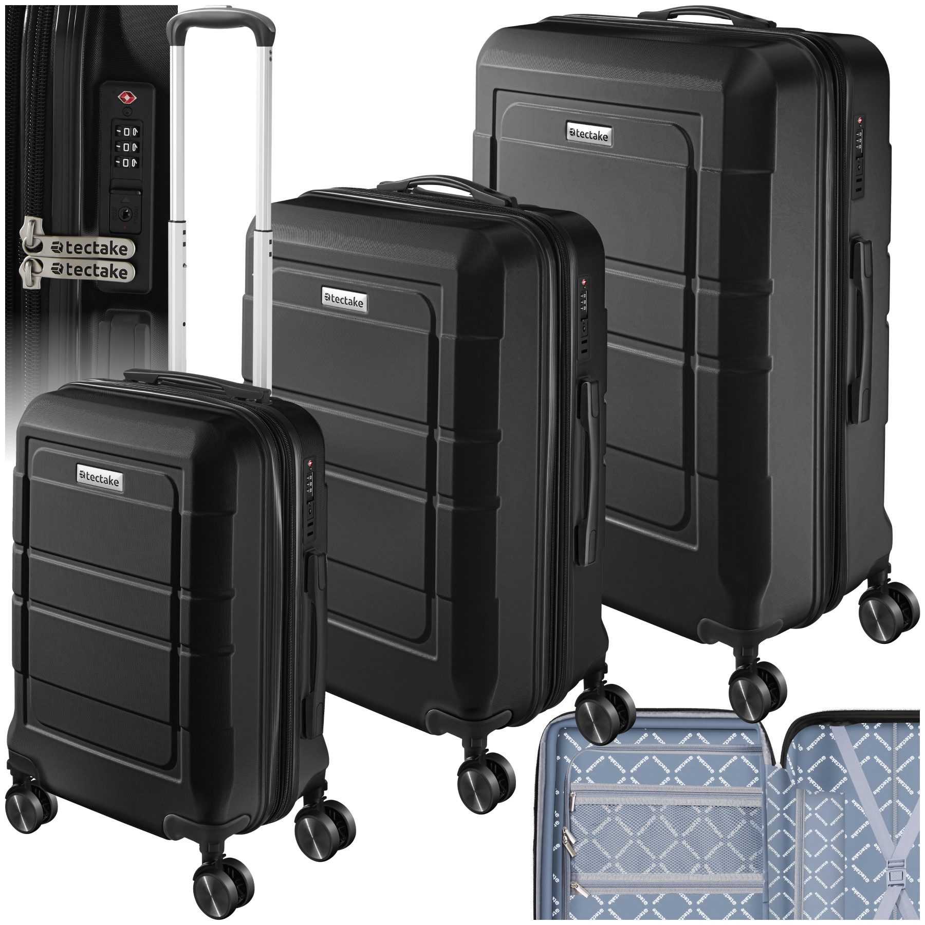 tectake Trolley Reisekofferset, 4 Rollen, 3-teilig günstig online kaufen