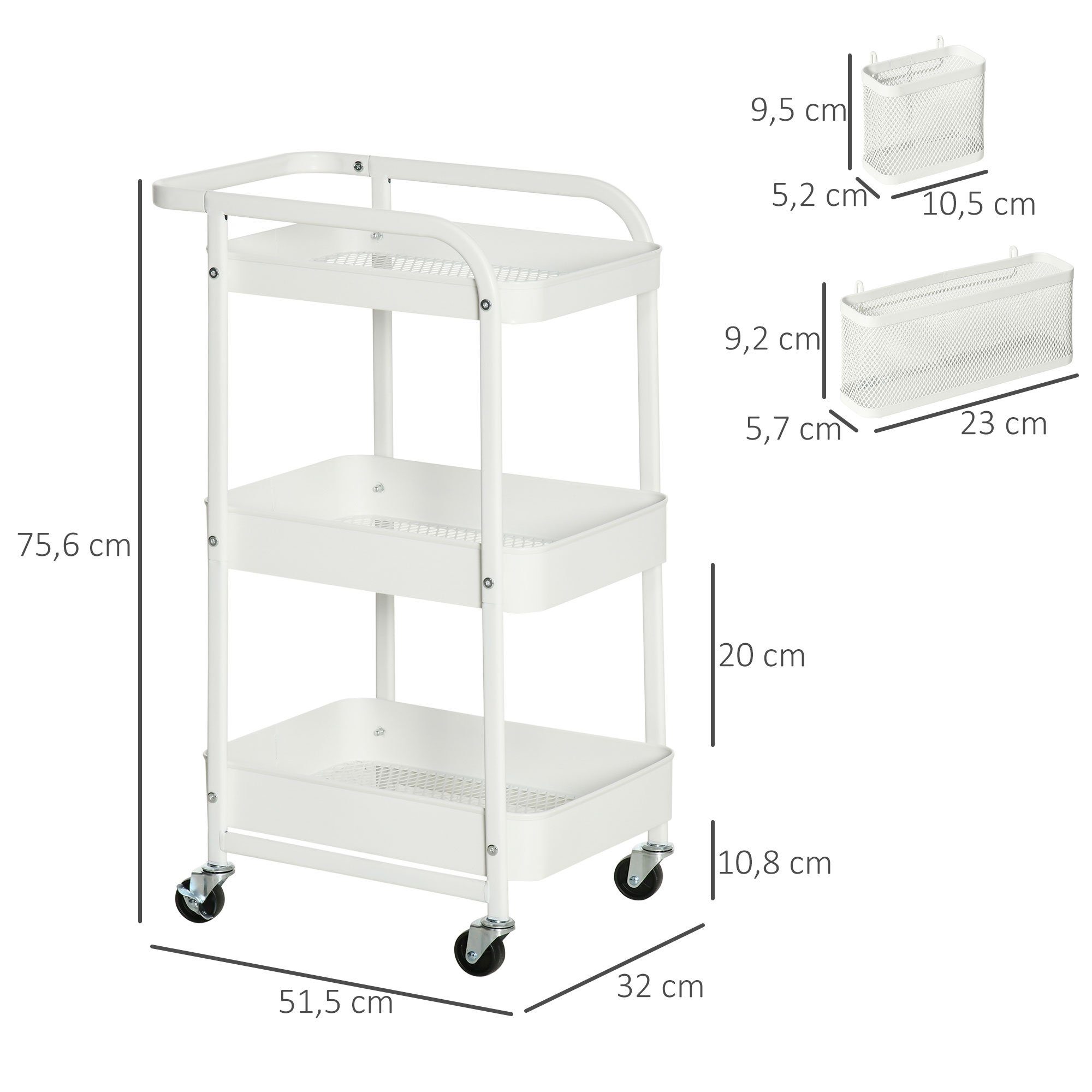 HOMCOM Servierwagen Rollwagen 3-Etagen Küchenwagen mit Schubladen und Korb, (Aufbewahrungswagen, 1 St., Servierwagen Küchenregal mit Rollen), Stahl Weiß 51,5 x 32 x 75,6 cm