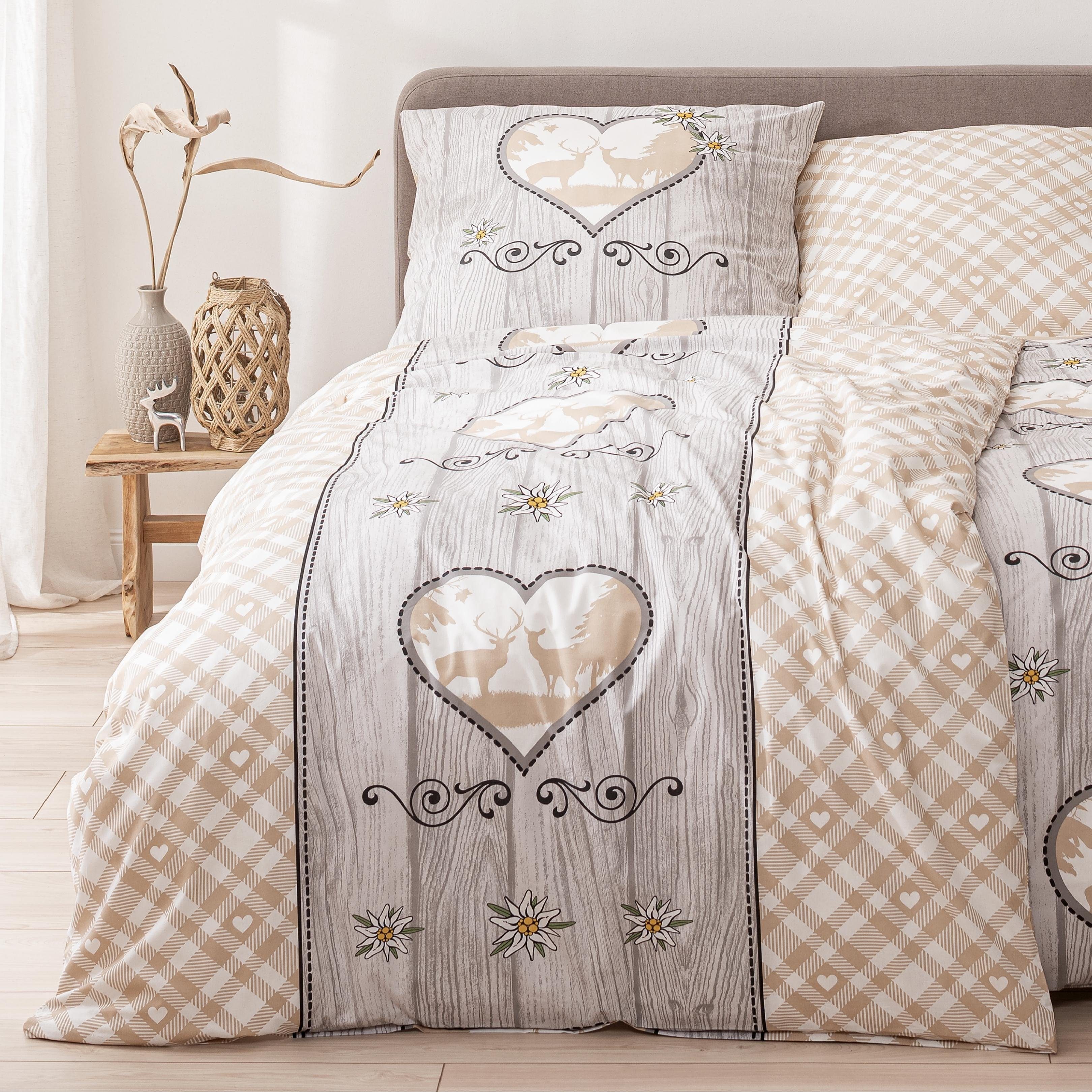 MTOnlinehandel Bettwäsche Landhaus Vintage, 100% Baumwolle, Renforcé, 2 teilig, Oktoberfest Partnerbettwäsche in Karo-Design und Holzoptik